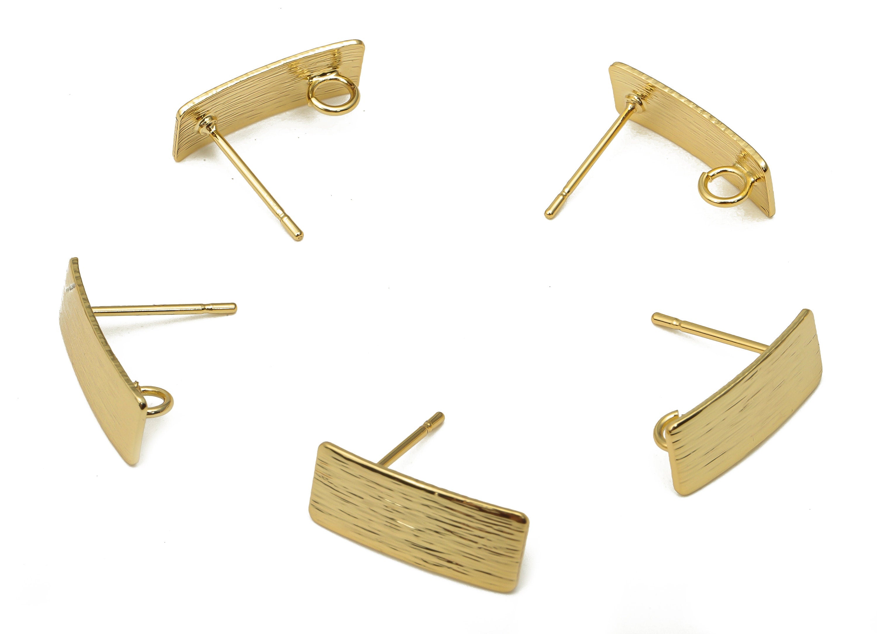 Brass Curved Long Rectangle Bar Earring Post - Textured Stud With Loop - Stainless Steel Stud - 18K Real Gold Plating-16.2x6.7x0.6mm-RGP5160 - DOMEDBAZAAR