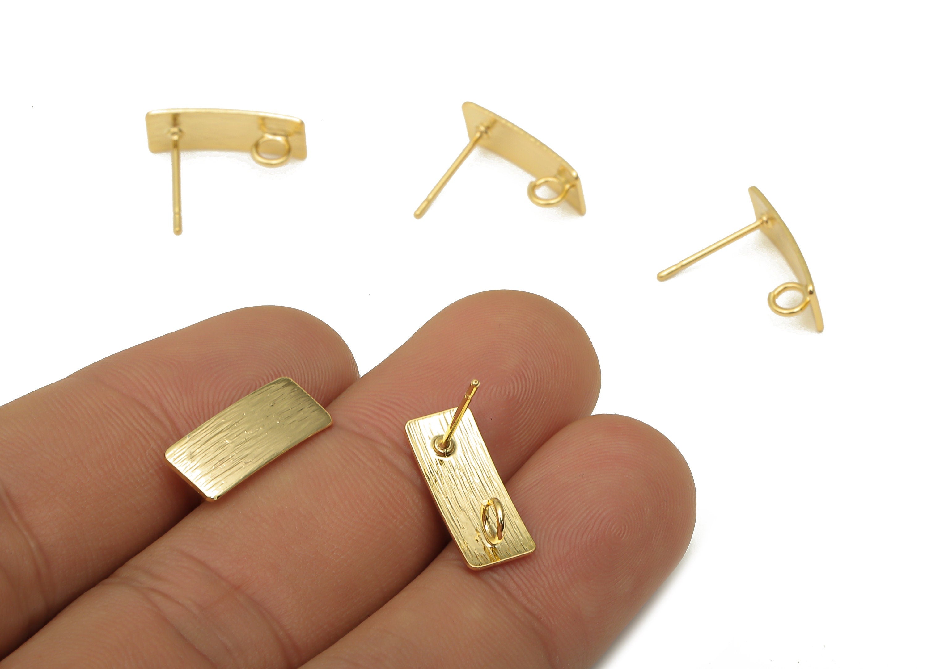 Brass Curved Long Rectangle Bar Earring Post - Textured Stud With Loop - Stainless Steel Stud - 18K Real Gold Plating-16.2x6.7x0.6mm-RGP5160 - DOMEDBAZAAR