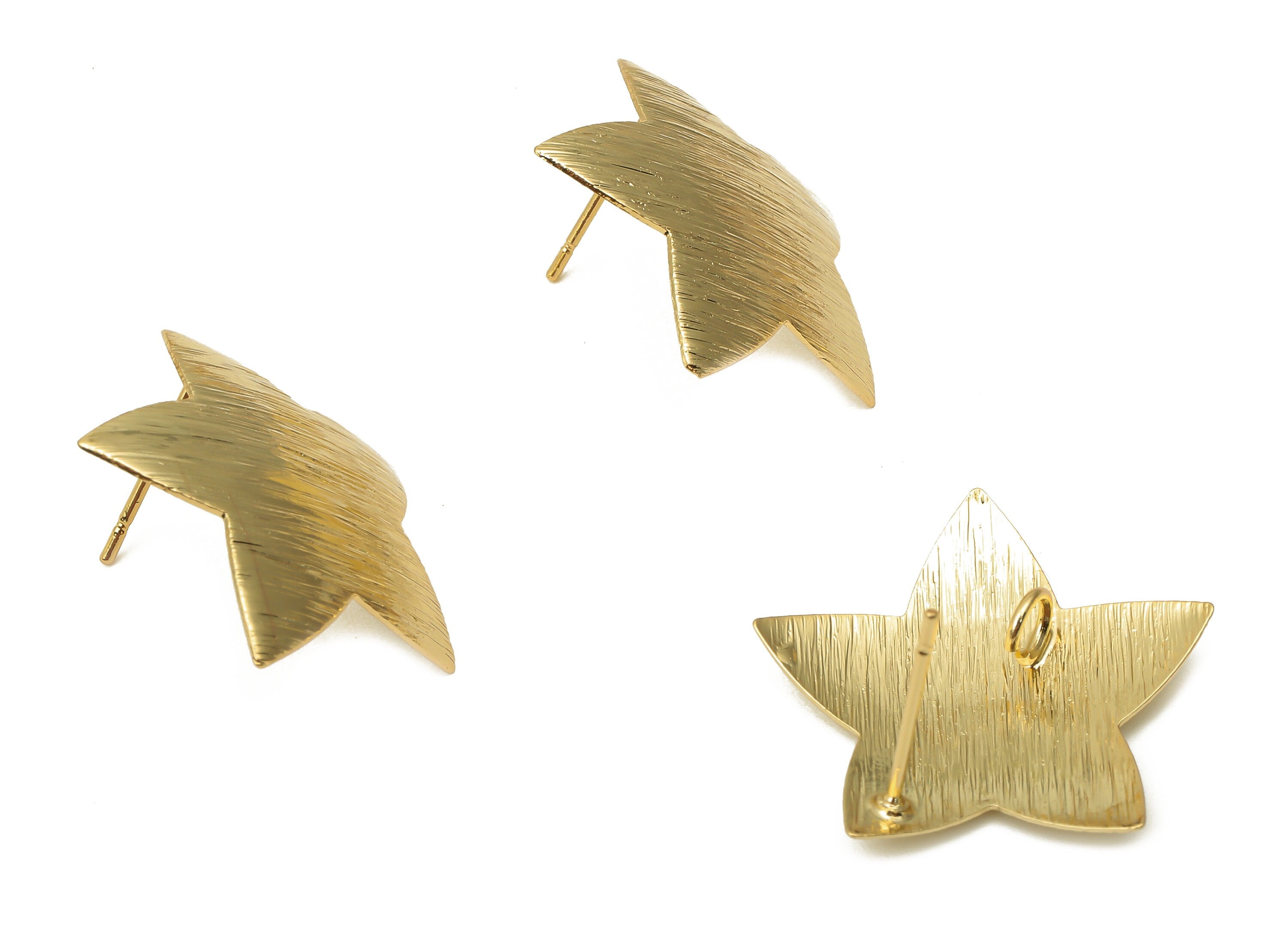 Brass Star Earring Post - Textured Curved Star Earring With Loop - Stainless Steel Stud - 18K Real Gold Plating - 23.2x22.18x0.4mm - RGP5161 - DOMEDBAZAAR