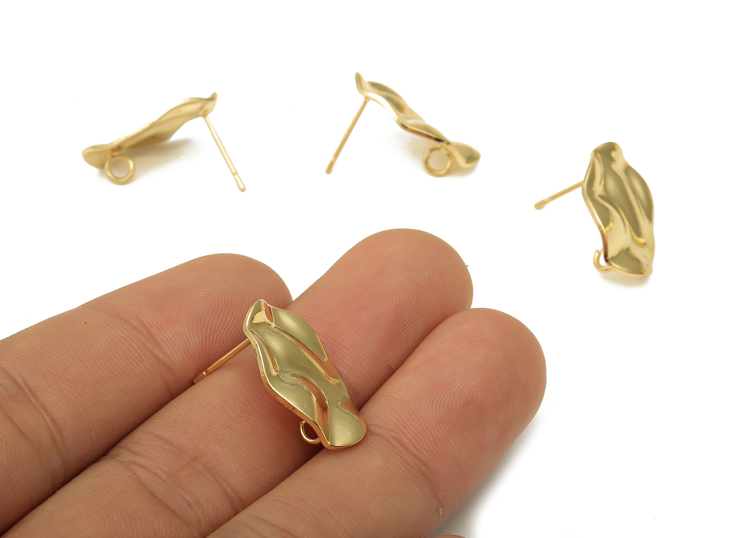 Brass Wavy Oval Earring With Loop - Brass Dainty Irregular Posts - Stainless Steel Stud - 18K Real Gold Plating - 20.6x13.84x0.9mm - RGP5162 - DOMEDBAZAAR