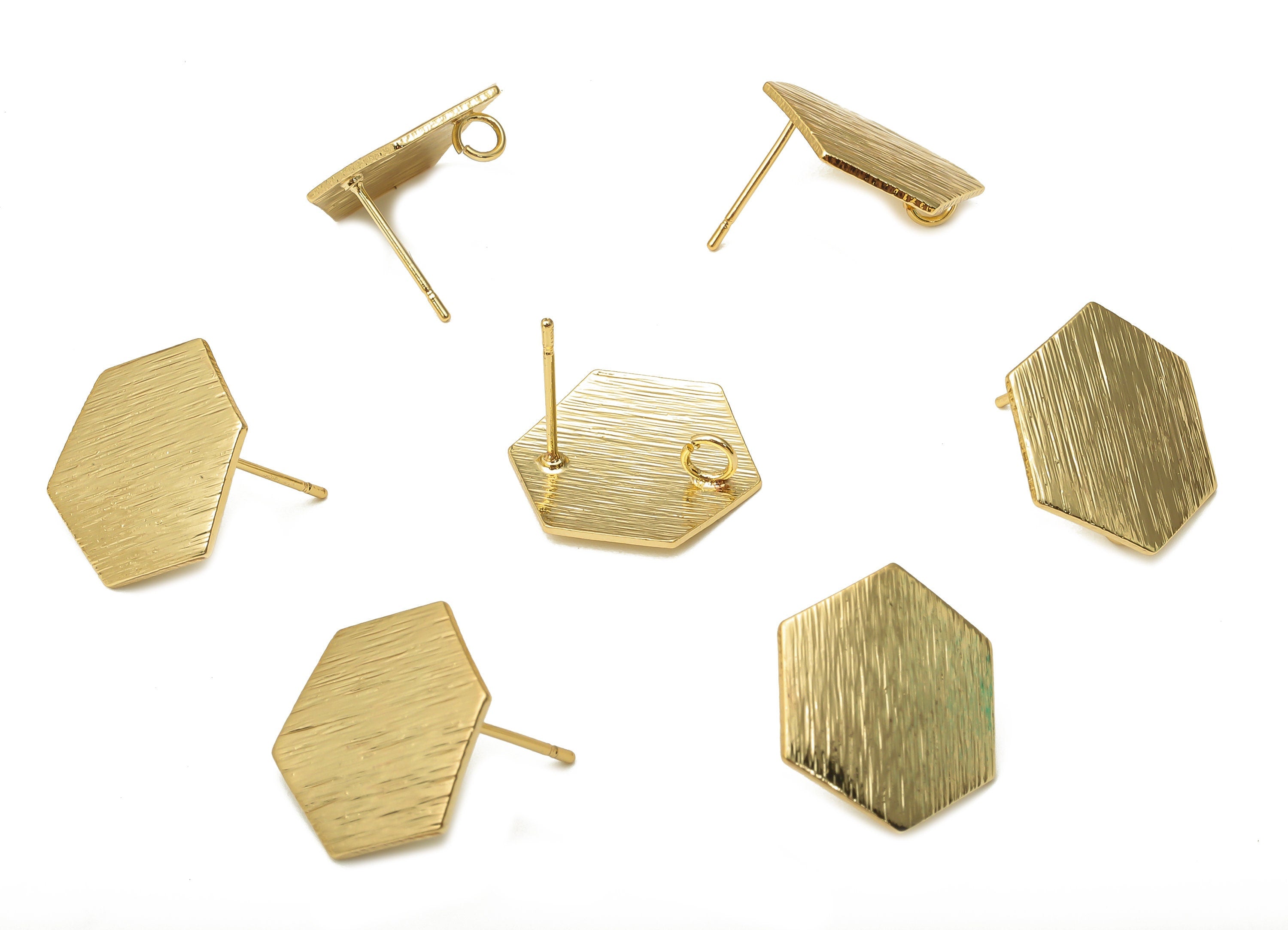 Brass Wave Hexagon Earring Post - Textured Wavy With Loop Stud - Stainless Steel Stud - 18K Real Gold Plating - 16.21x16.21x0.8mm - RGP5165 - DOMEDBAZAAR
