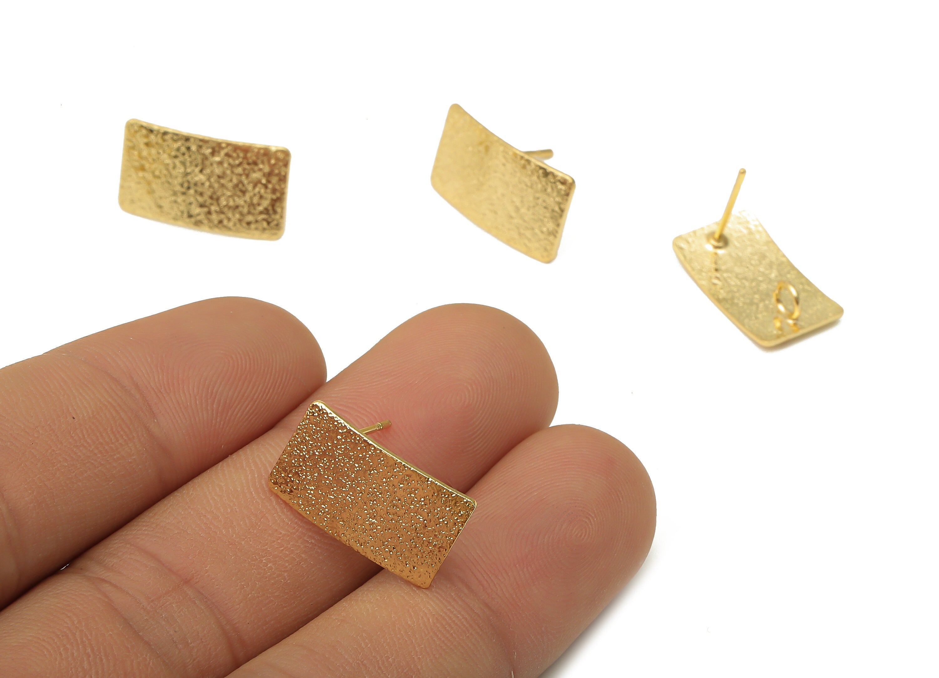 Brass Curved Rectangle Earring Posts - Earring Stud With Loop - Stainless Steel Stud - 18K Real Gold Plated - 17.8x10.08x0.5mm - RGP5166 - DOMEDBAZAAR