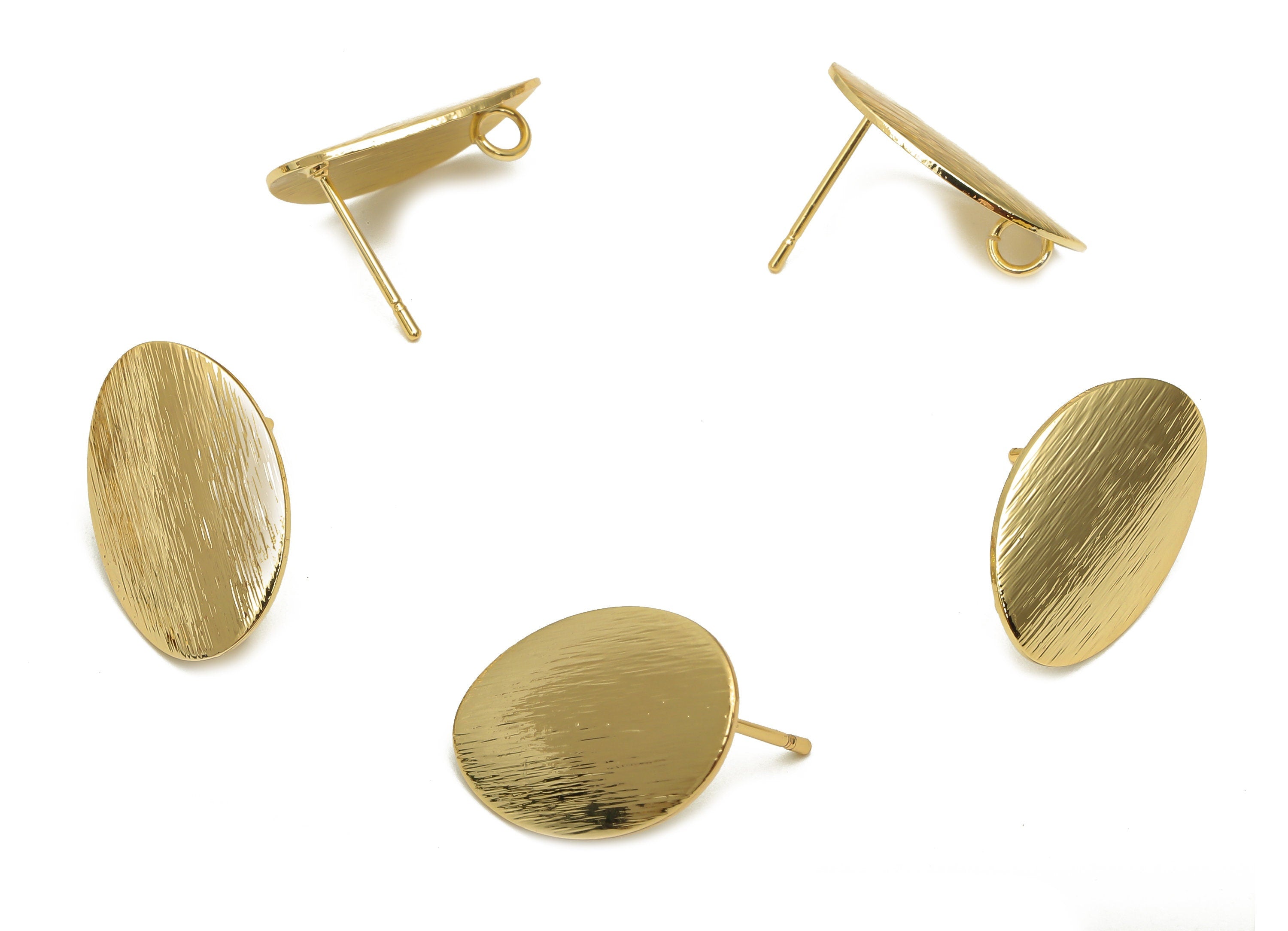Brass Textured Round Earring Post - Curved Oval Earring With Loop - Stainless Steel Stud - 18K Real Gold Plating - 19.5x13.2x1mm - RGP5167 - DOMEDBAZAAR