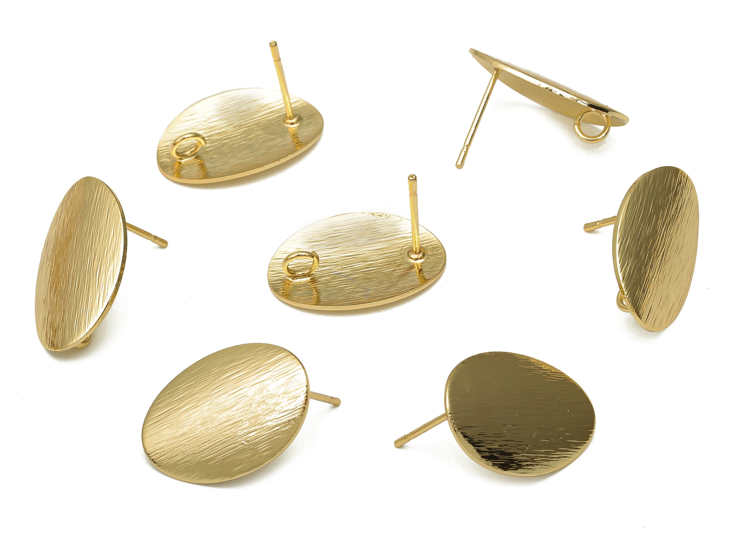 Brass Textured Round Earring Post - Curved Oval Earring With Loop - Stainless Steel Stud - 18K Real Gold Plating - 19.5x13.2x1mm - RGP5167 - DOMEDBAZAAR