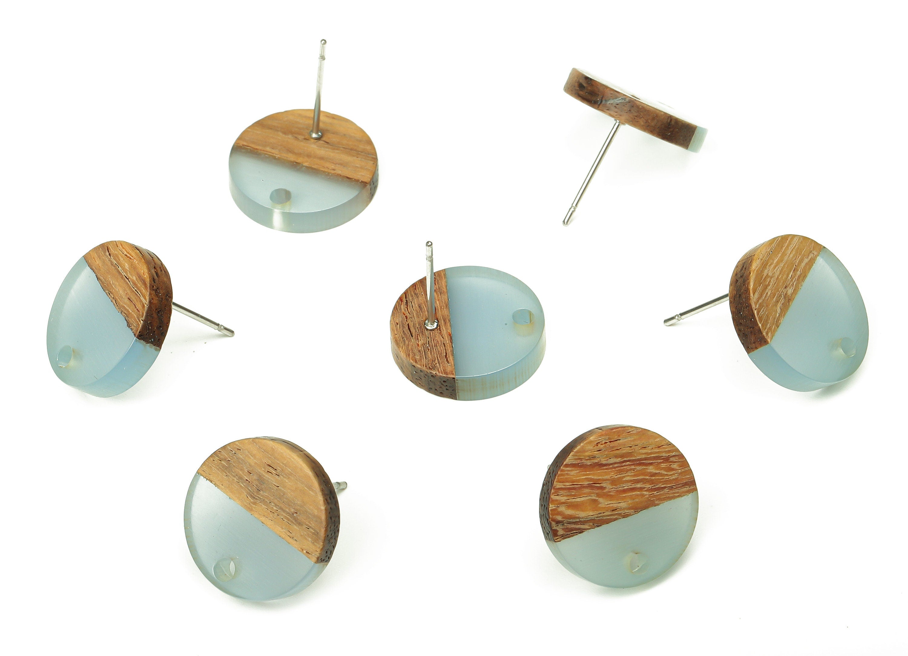 Natural Wooden Round Earring Stud - Walnut Wood Light Blue Resin Circle Earring Post - 316 Stainless Steel Stud - 15.1x15.1x3.11mm - BB1250A - DOMEDBAZAAR