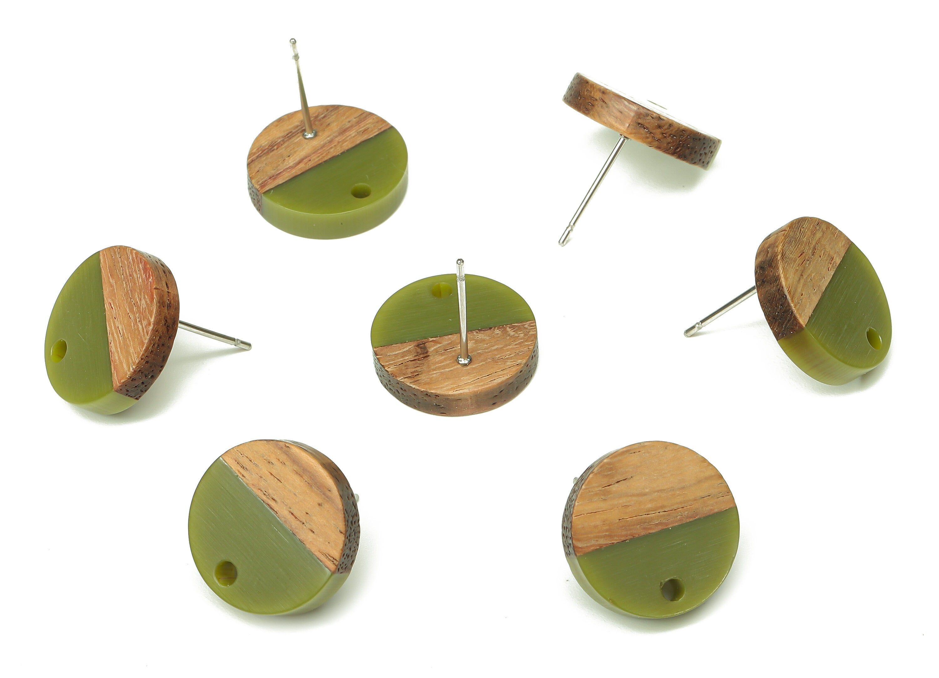 Natural Wooden Round Earring Stud - Walnut Wood Green Resin Circle Earring Post - 316 Stainless Steel Stud - 15.05x15.05x3.11mm - BB1250B - DOMEDBAZAAR