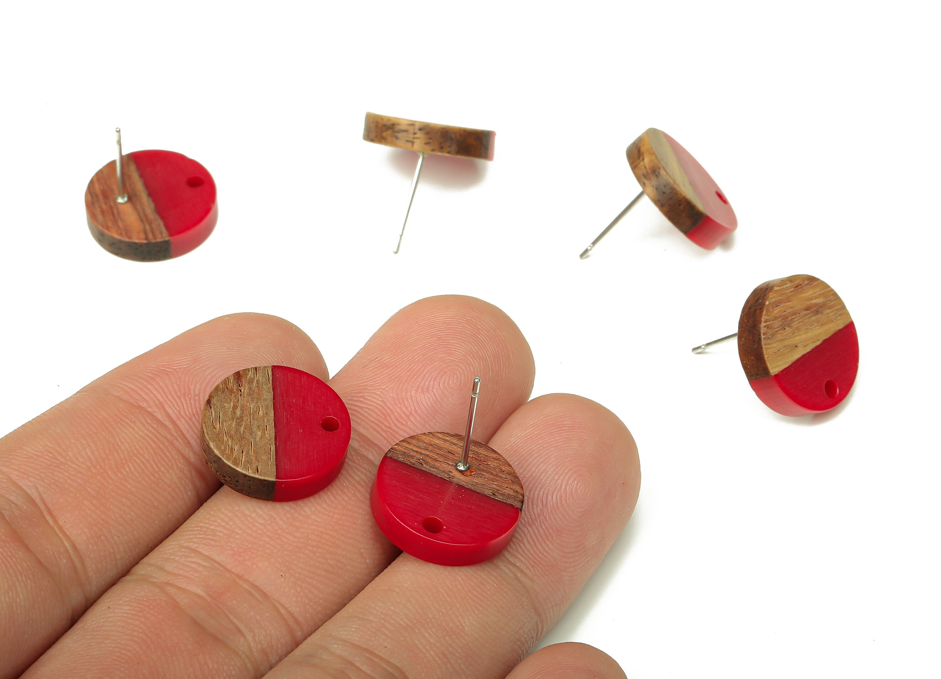 Natural Wooden Round Earring Stud - Walnut Wood Red Resin Circle Earring Post - 316 Stainless Steel Stud - 15.05x15.05x3.11mm - BB1250F - DOMEDBAZAAR