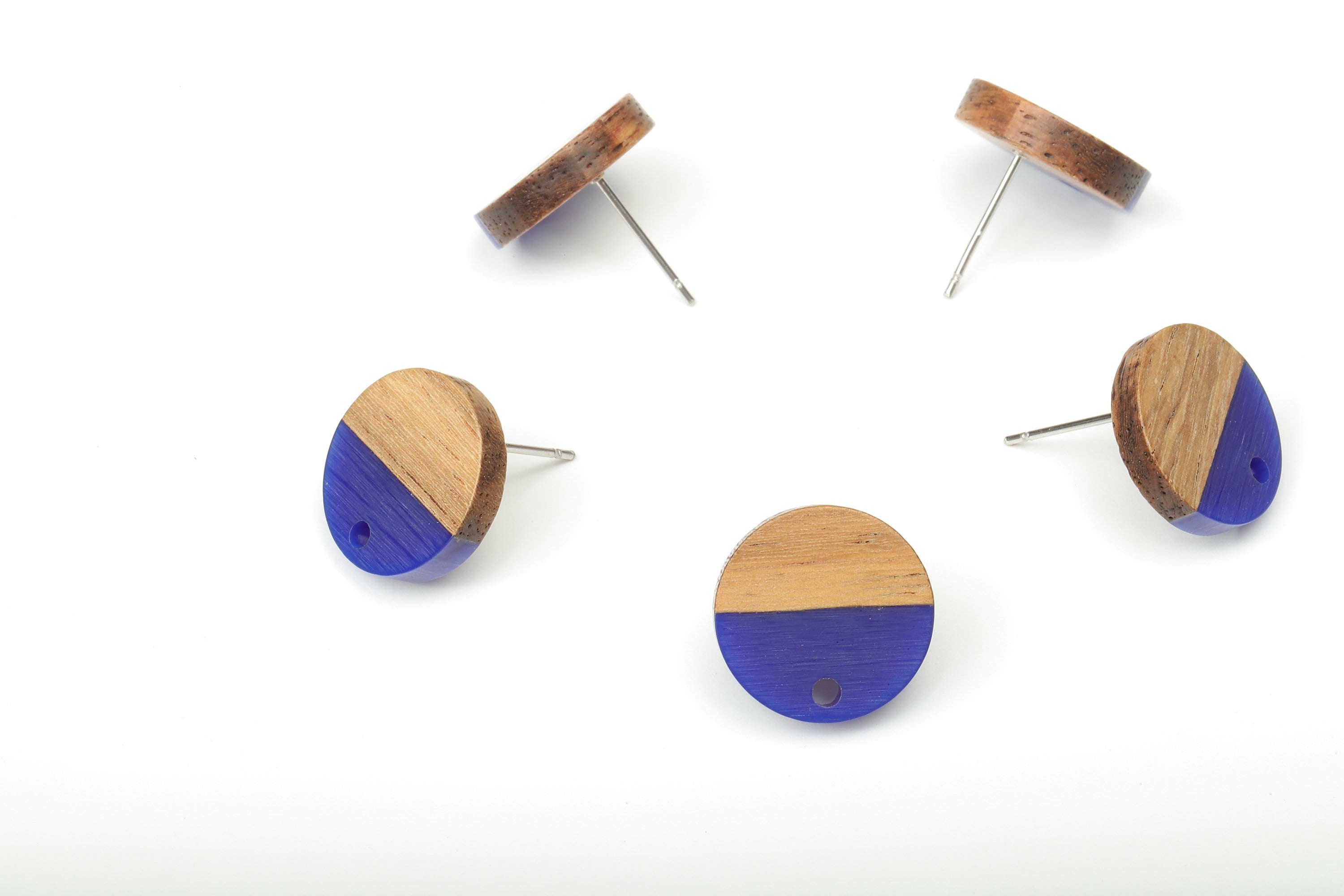 Natural Wooden Round Earring Stud - Walnut Wood Navy Resin Circle Earring Post - 316 Stainless Steel Stud - 15.05x15.05x3.11mm - BB1250K - DOMEDBAZAAR
