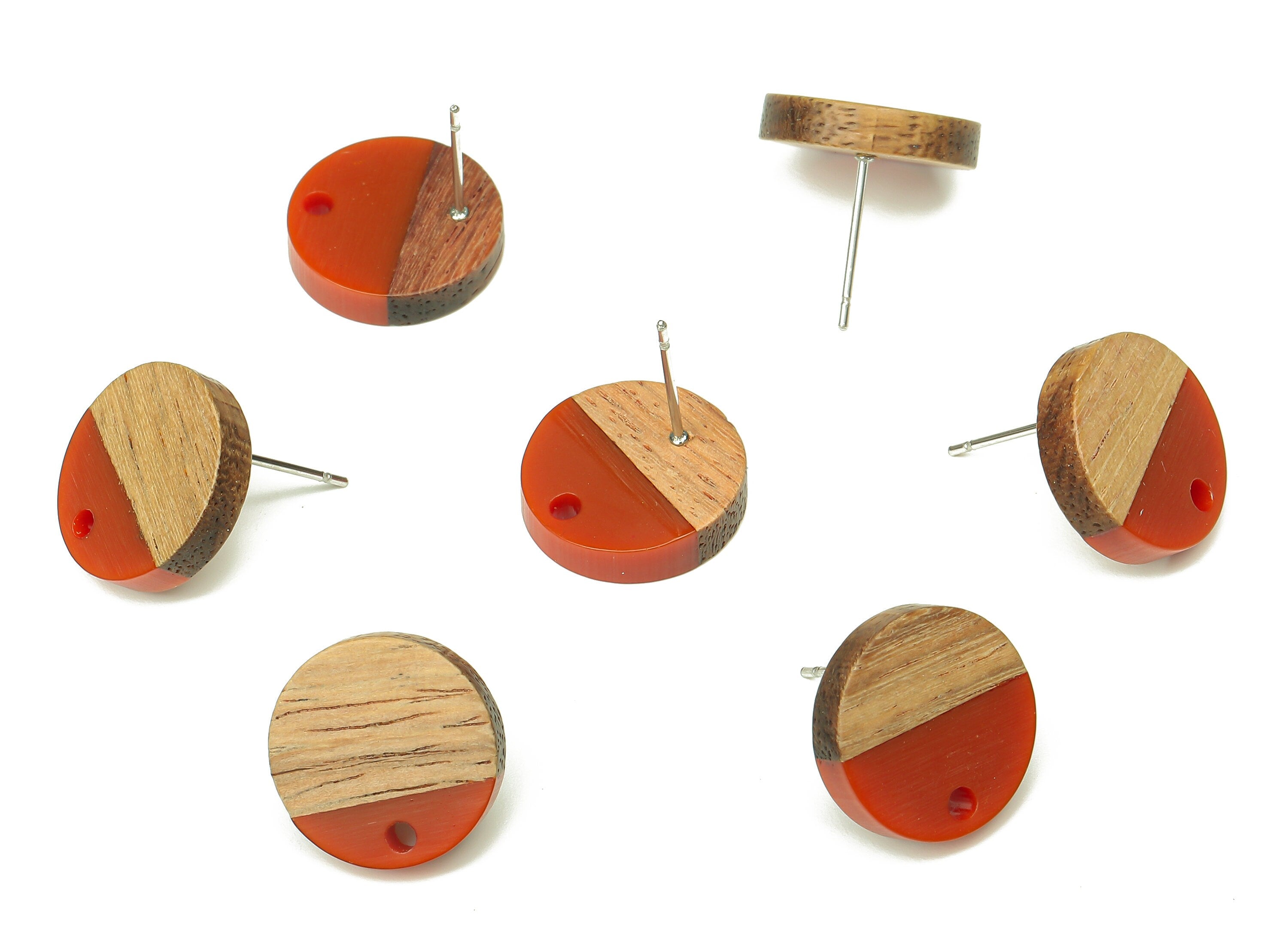 Natural Wooden Round Earring Stud - Walnut Wood Red Resin Circle Earring Post - 316 Stainless Steel Stud - 15.05x15.05x3.11mm - BB1250R - DOMEDBAZAAR