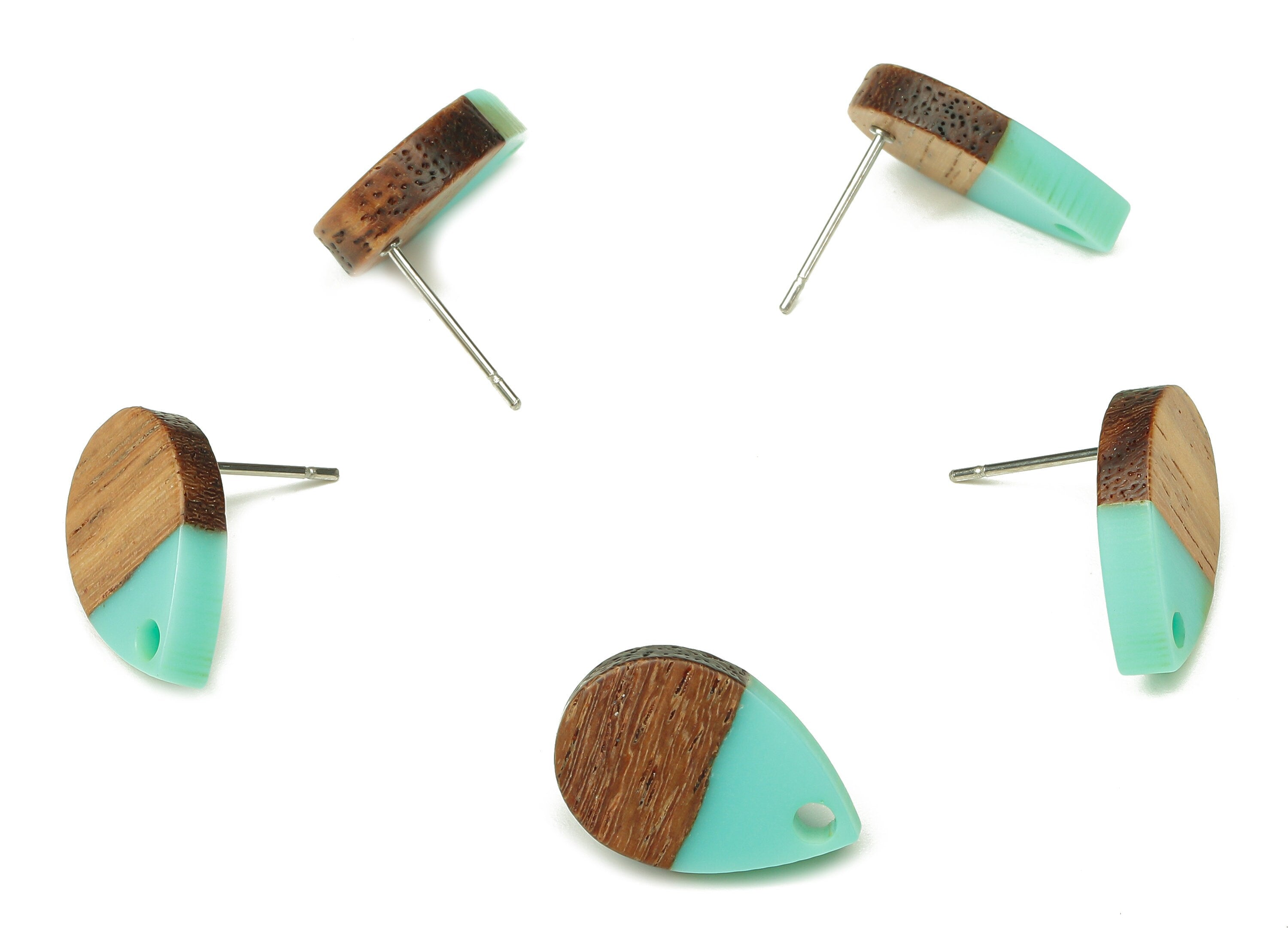 Natural Wooden Drop Earring Stud - Walnut Wood Aqua Resin Teardrop Earring Post - 316 Stainless Steel Stud - 16.7x11.06x3.21mm - BB1251A - DOMEDBAZAAR
