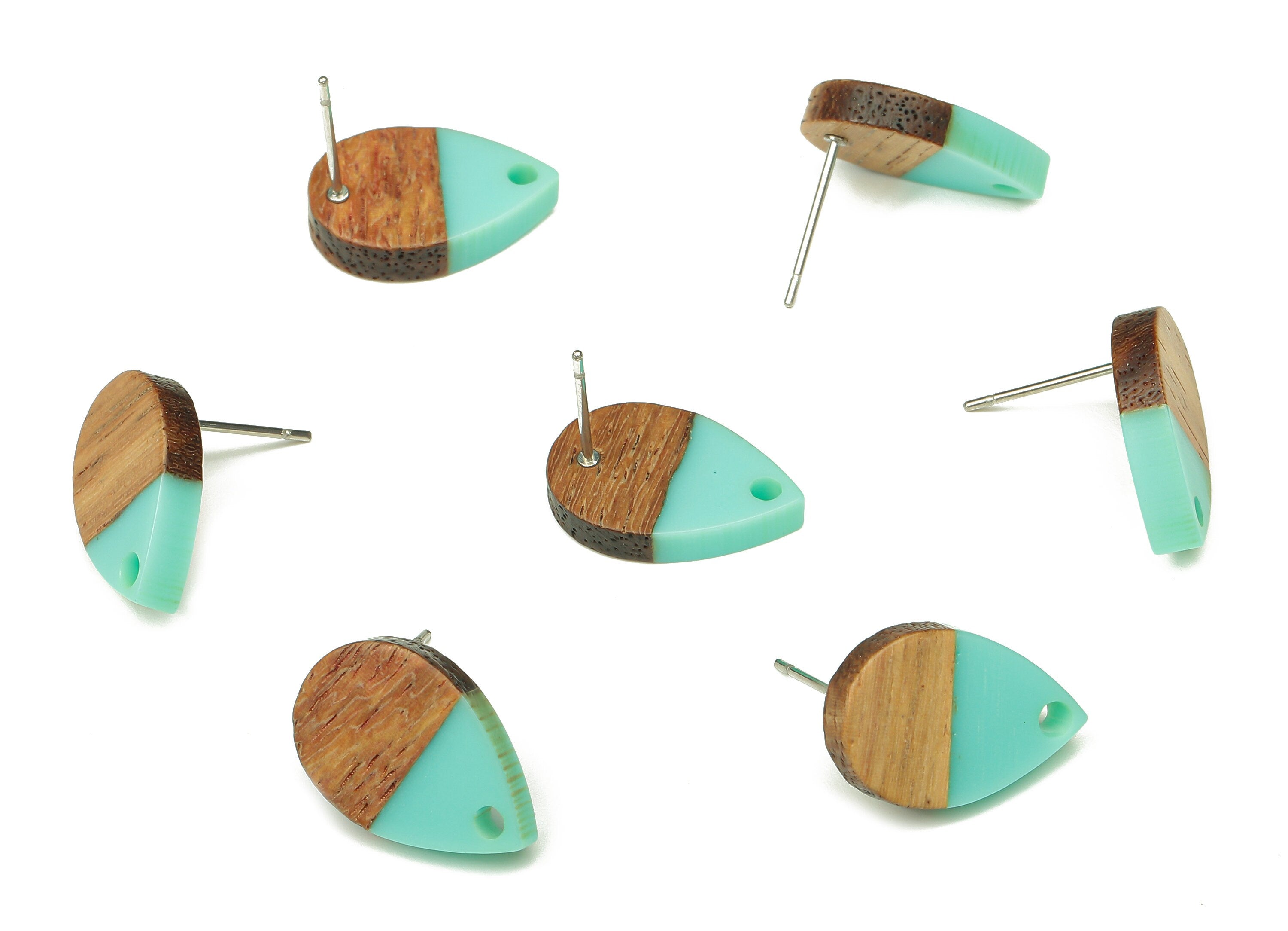 Natural Wooden Drop Earring Stud - Walnut Wood Aqua Resin Teardrop Earring Post - 316 Stainless Steel Stud - 16.7x11.06x3.21mm - BB1251A - DOMEDBAZAAR