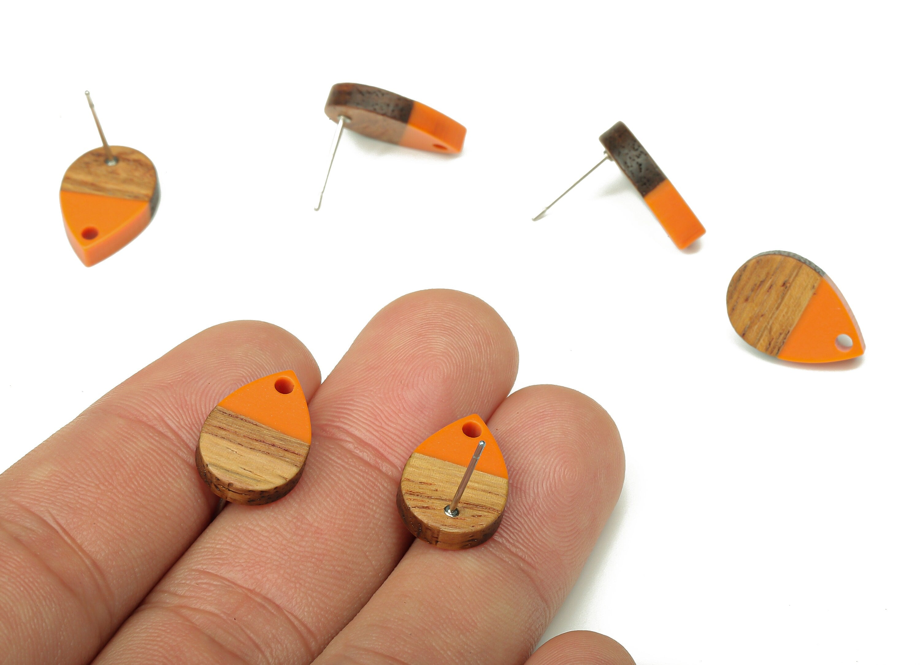 Natural Wooden Drop Earring Stud - Walnut Wood Orange Resin Teardrop Earring Post - 316 Stainless Steel Stud - 16.7x11.06x3.21mm - BB1251B - DOMEDBAZAAR