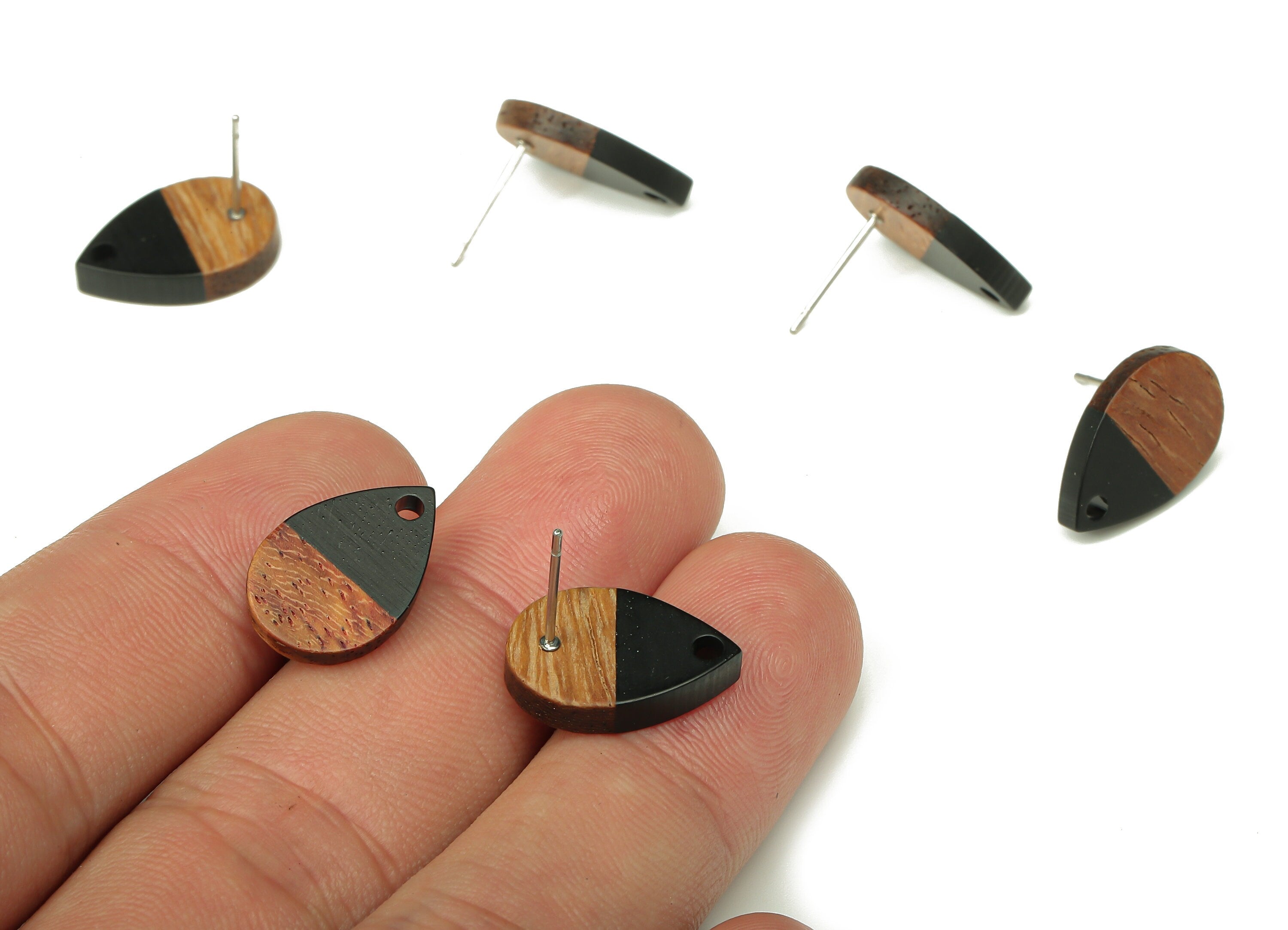 Natural Wooden Drop Earring Stud - Walnut Wood Black Resin Teardrop Earring Post - 316 Stainless Steel Stud - 16.7x11.06x3.21mm - BB1251D - DOMEDBAZAAR