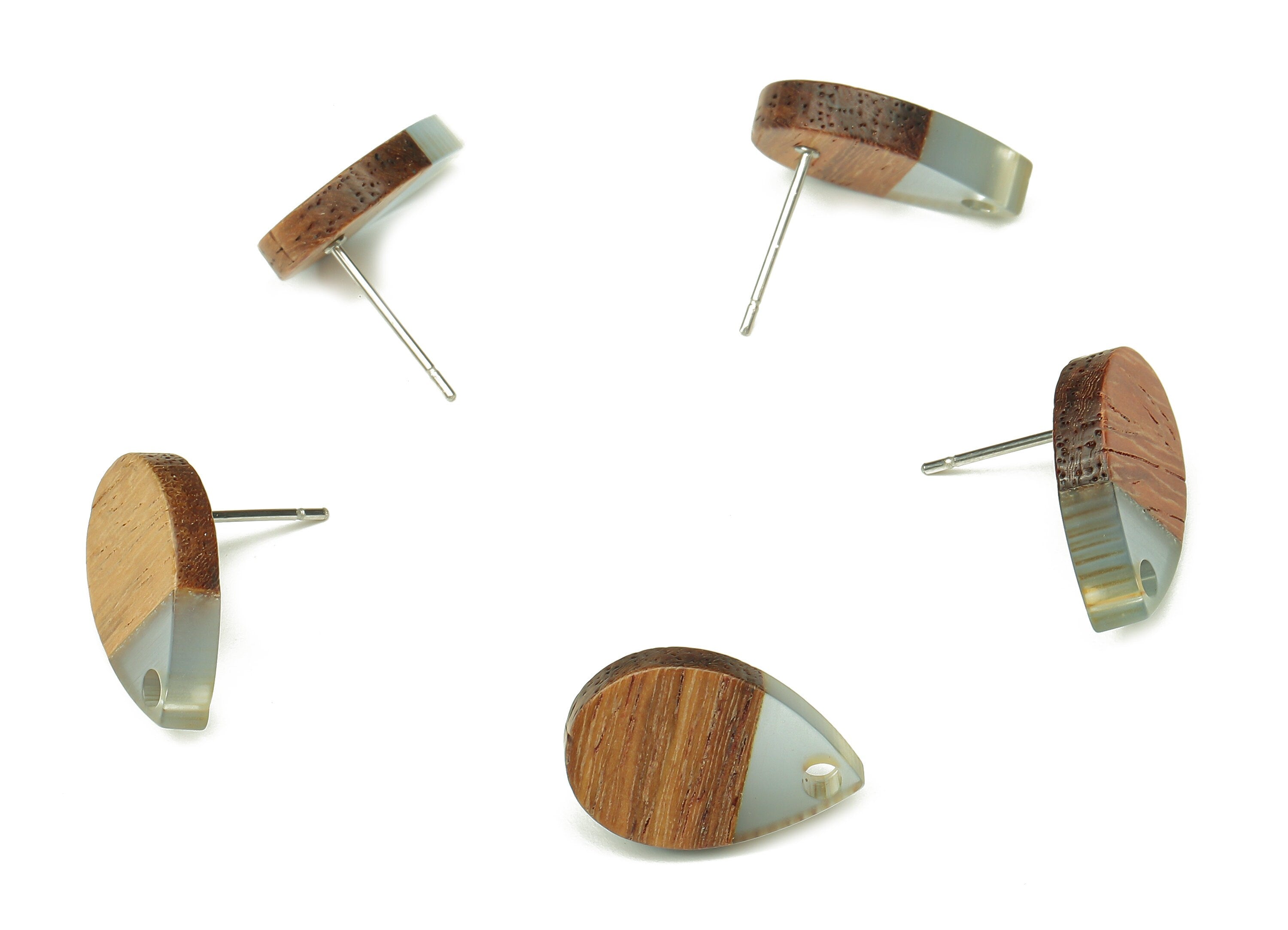 Natural Wooden Drop Earring Stud - Walnut Wood Clear Blue Resin Teardrop Post - 316 Stainless Steel Stud - 16.7x11.06x3.21mm - BB1251J - DOMEDBAZAAR