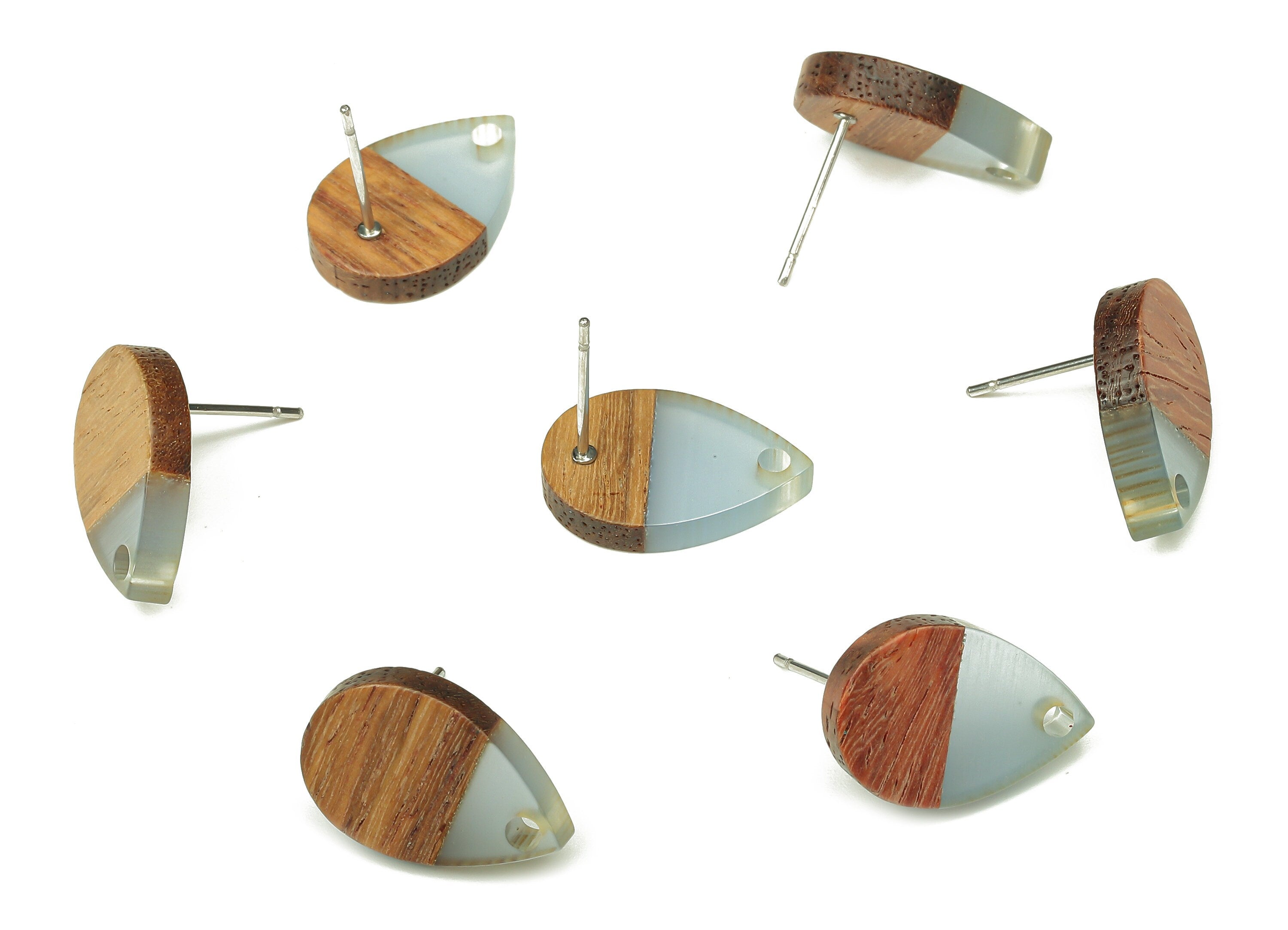 Natural Wooden Drop Earring Stud - Walnut Wood Clear Blue Resin Teardrop Post - 316 Stainless Steel Stud - 16.7x11.06x3.21mm - BB1251J - DOMEDBAZAAR