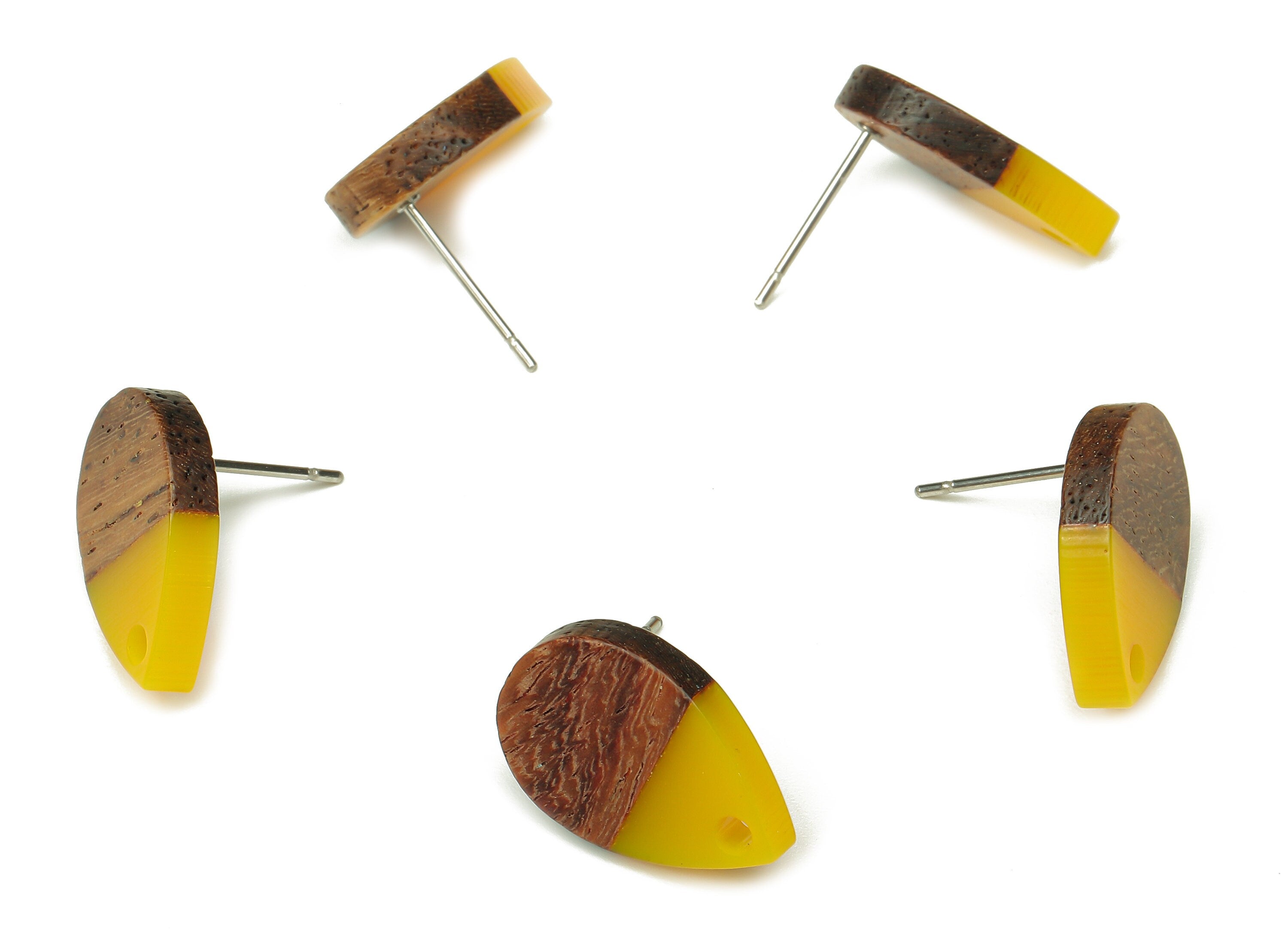 Natural Wooden Drop Earring Stud - Walnut Wood Yellow Resin Teardrop Earring Post - 316 Stainless Steel Stud - 16.7x11.06x3.21mm - BB1251N - DOMEDBAZAAR