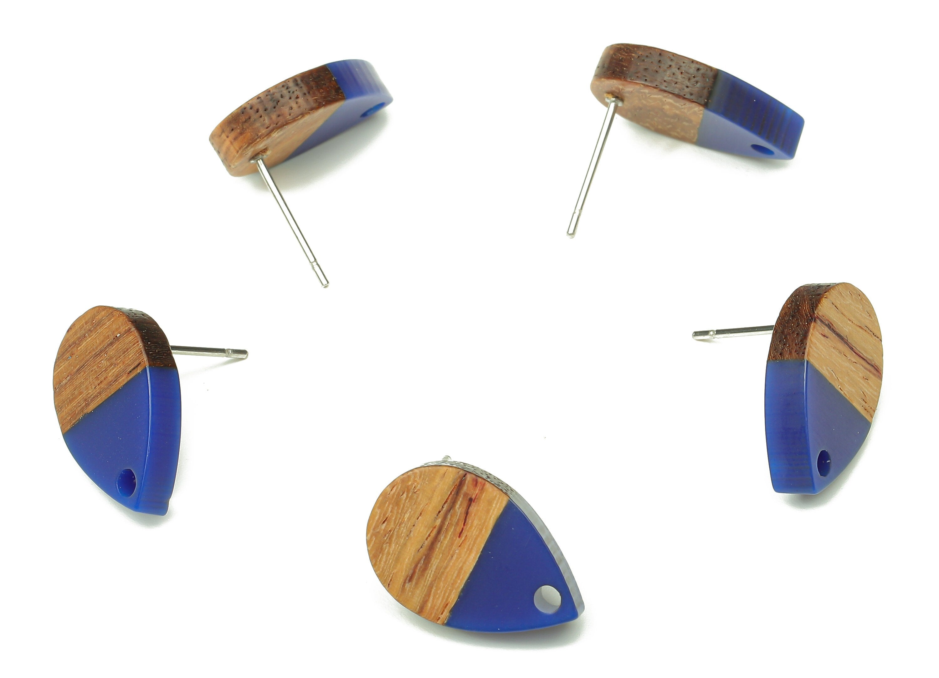 Natural Wooden Drop Earring Stud - Walnut Wood Dark Blue Resin Teardrop Post - 316 Stainless Steel Stud - 16.7x11.06x3.21mm - BB1251P - DOMEDBAZAAR