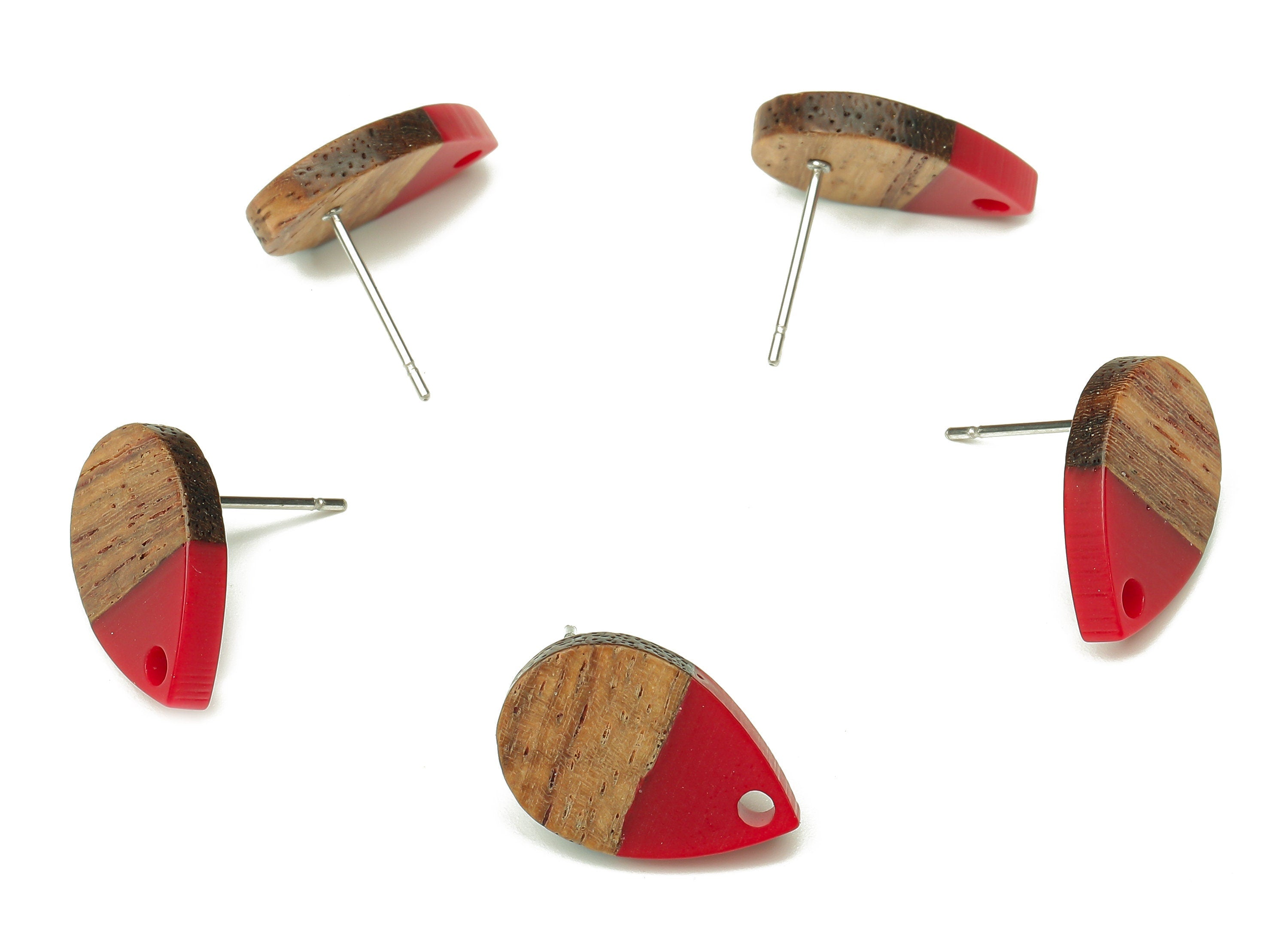 Natural Wooden Drop Earring Stud - Walnut Wood Red Resin Teardrop Earring Post - 316 Stainless Steel Stud - 16.7x11.06x3.21mm - BB1251S - DOMEDBAZAAR