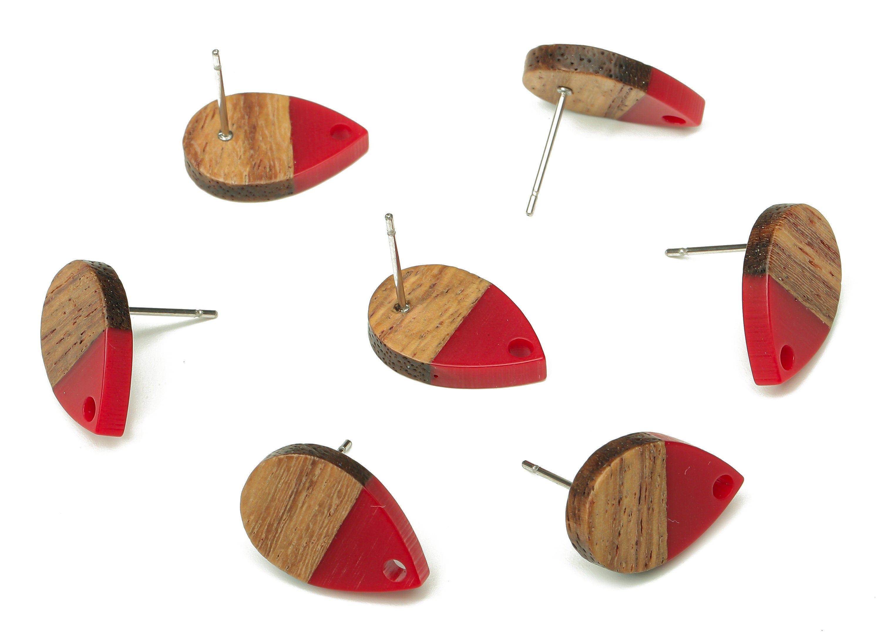 Natural Wooden Drop Earring Stud - Walnut Wood Red Resin Teardrop Earring Post - 316 Stainless Steel Stud - 16.7x11.06x3.21mm - BB1251S - DOMEDBAZAAR