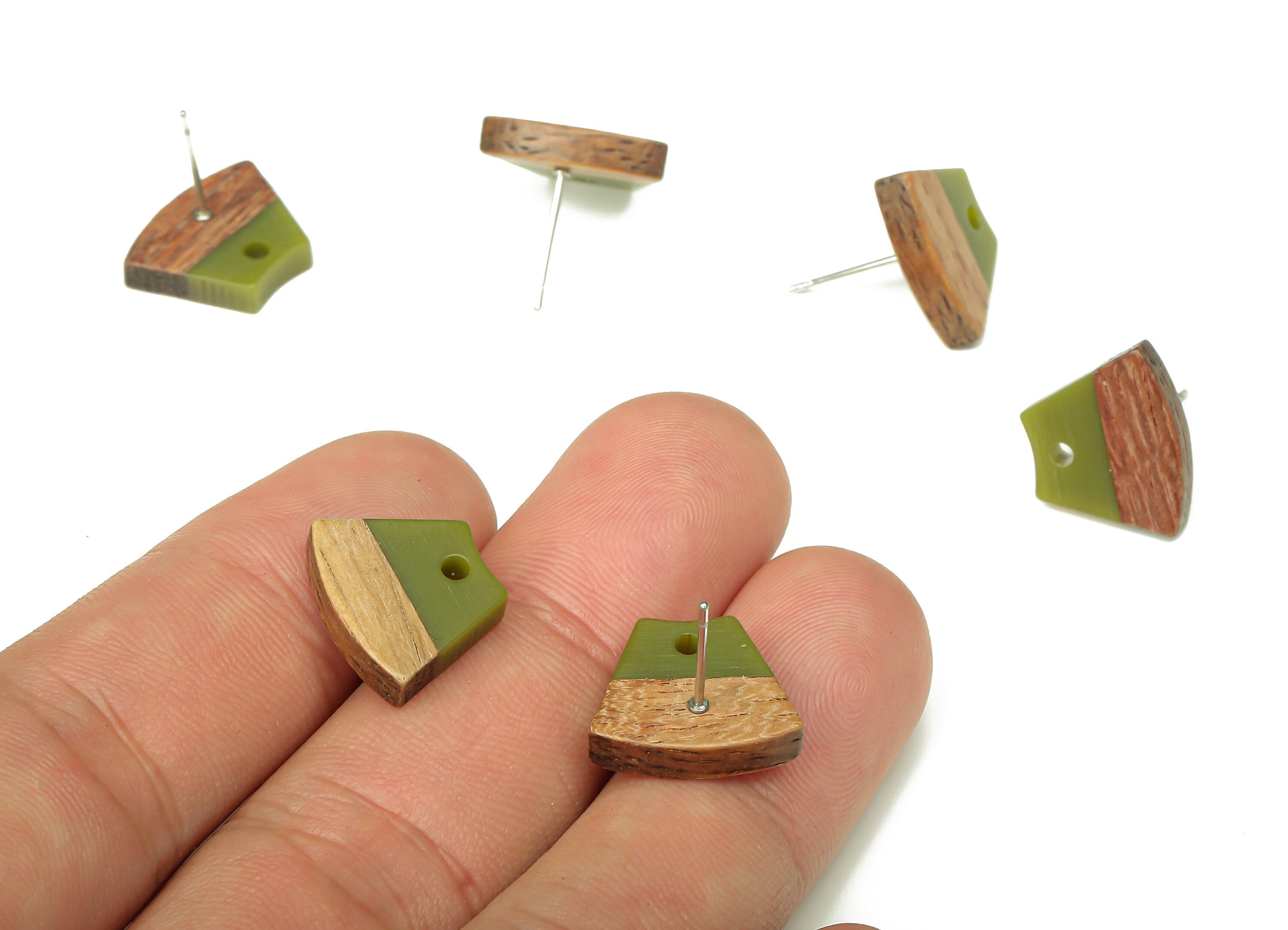 Natural Wooden Trapezoid Earring Stud - Walnut Wood Green Resin Fan Earring Post - 316 Stainless Steel Stud - 15.32x12.32x3.26mm - BB1252A - DOMEDBAZAAR