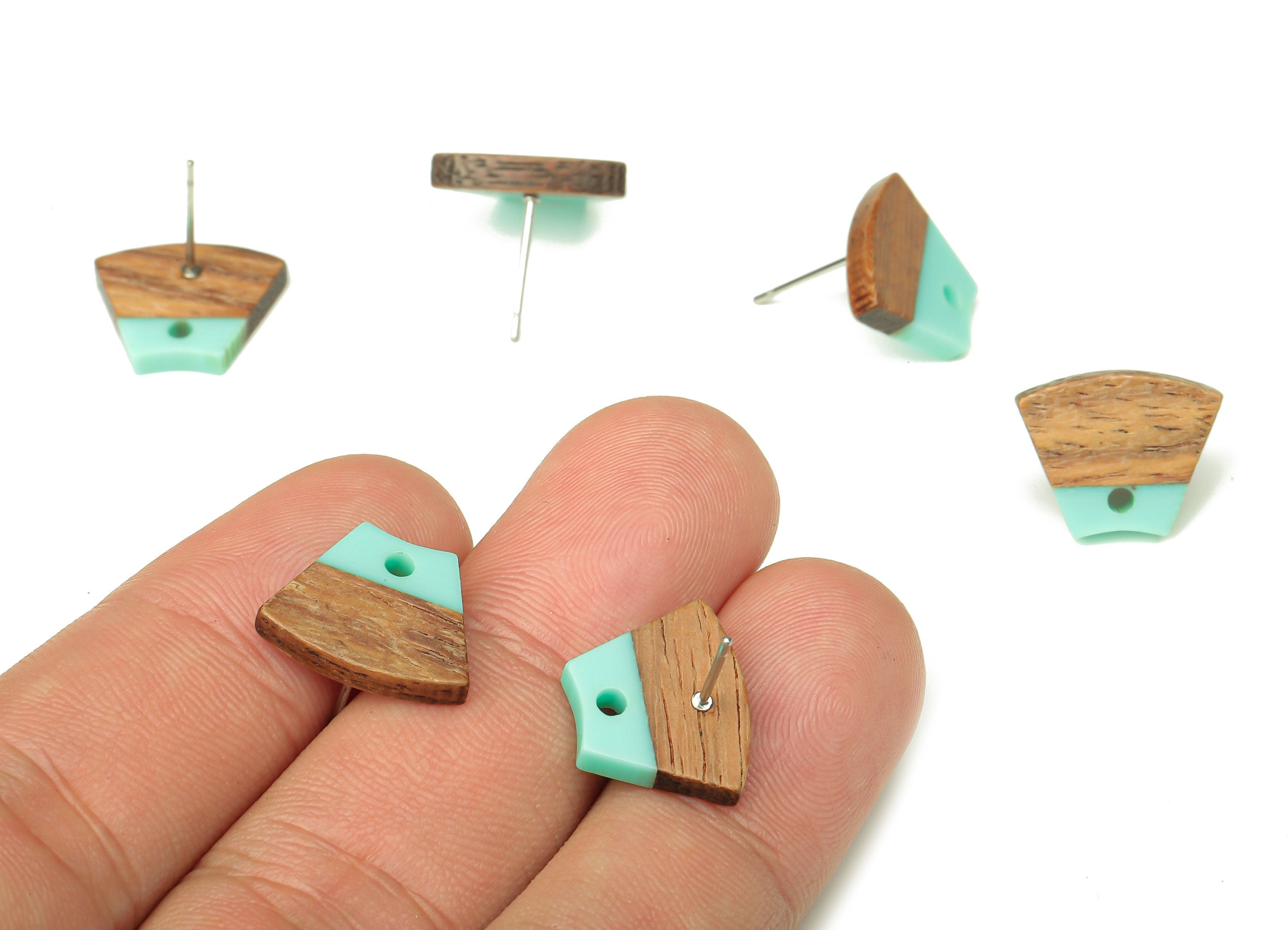 Natural Wooden Trapezoid Earring Stud - Walnut Wood Aqua Resin Fan Earring Post - 316 Stainless Steel Stud - 15.32x12.32x3.26mm - BB1252F - DOMEDBAZAAR