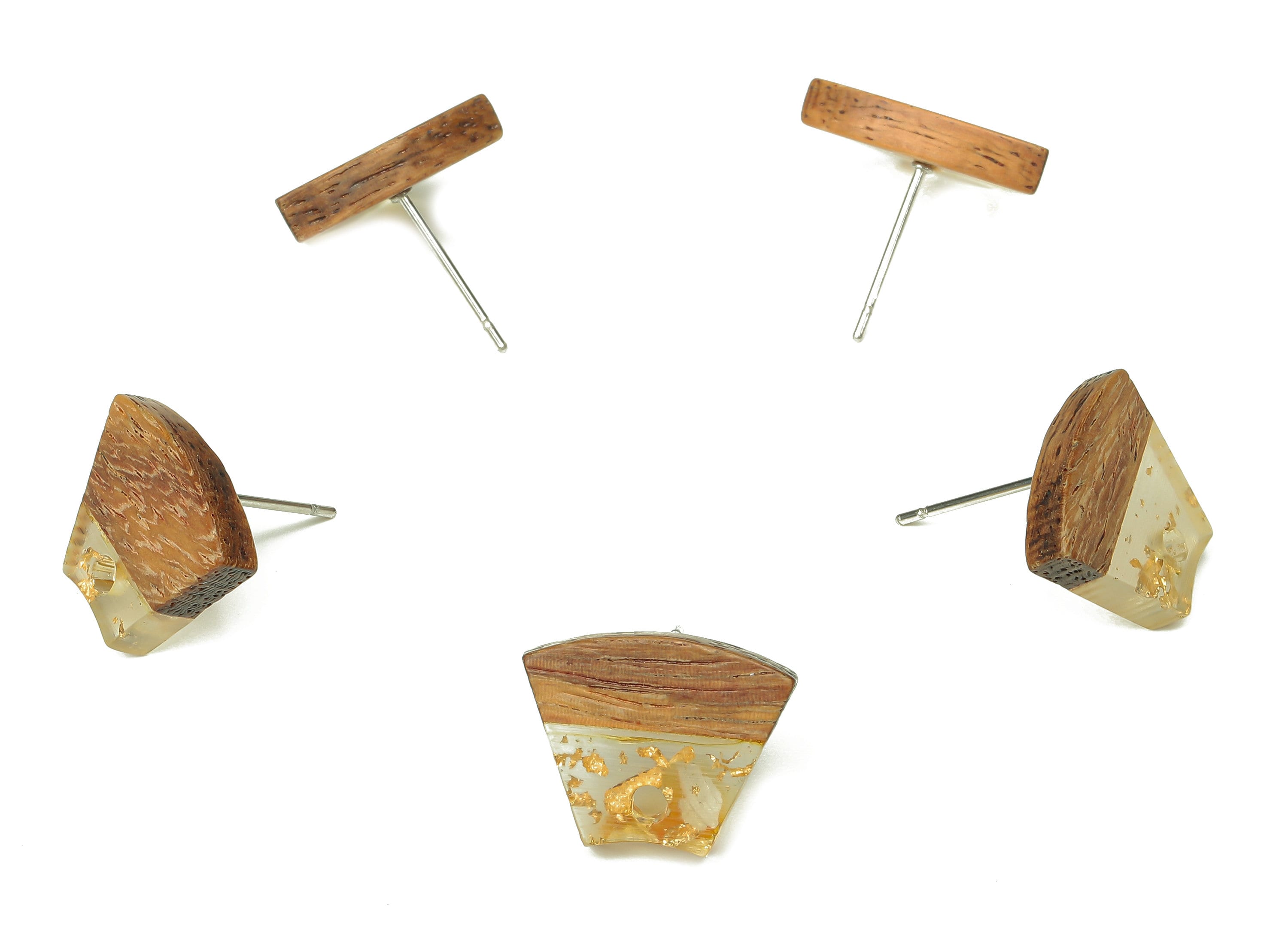 Natural Wooden Trapezoid Earring Stud - Walnut Wood Gold Foil Clear Resin Fan Post - 316 Stainless Steel Stud - 15.32x12.32x3.26mm - BB1252J - DOMEDBAZAAR