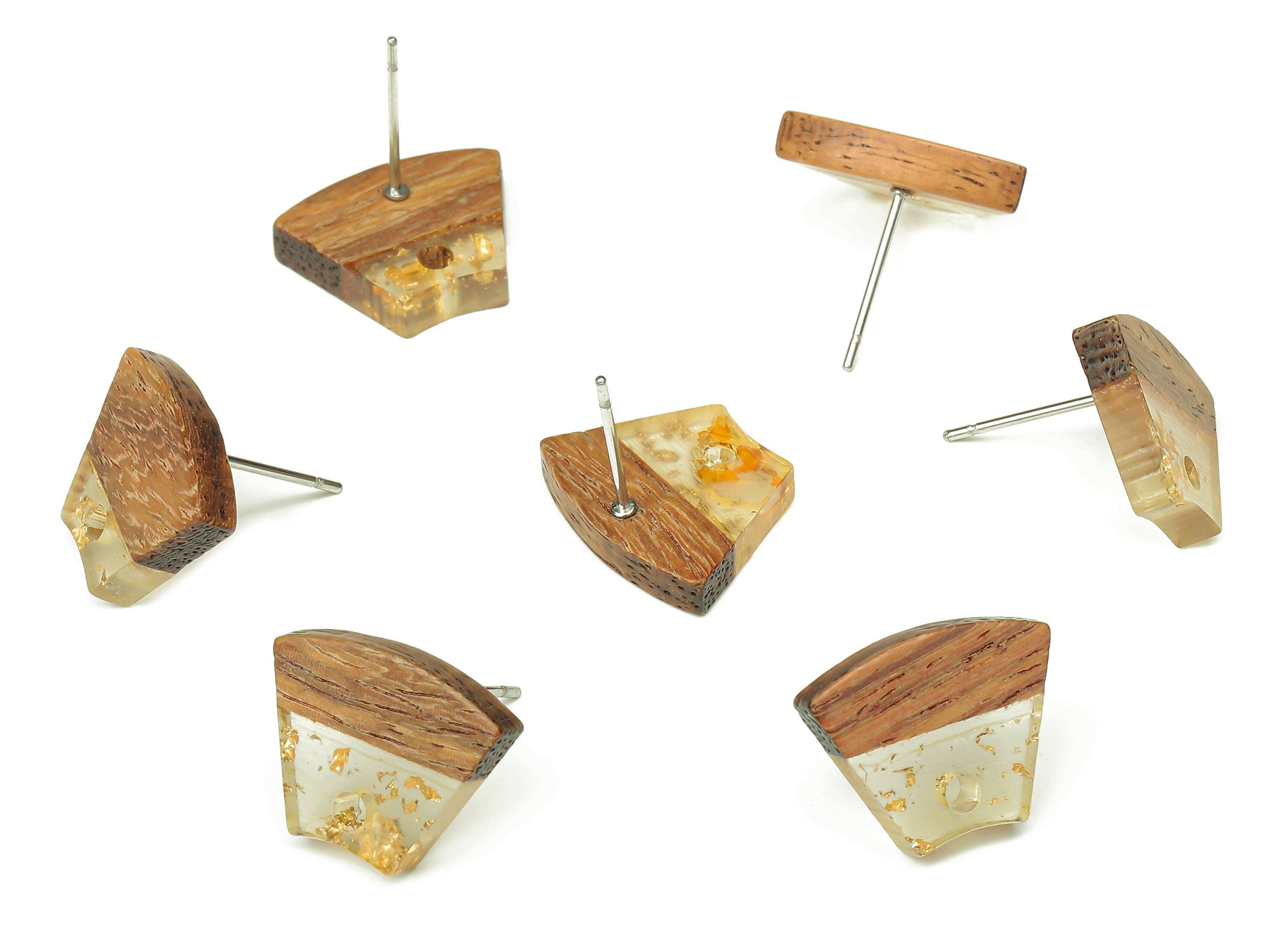 Natural Wooden Trapezoid Earring Stud - Walnut Wood Gold Foil Clear Resin Fan Post - 316 Stainless Steel Stud - 15.32x12.32x3.26mm - BB1252J - DOMEDBAZAAR