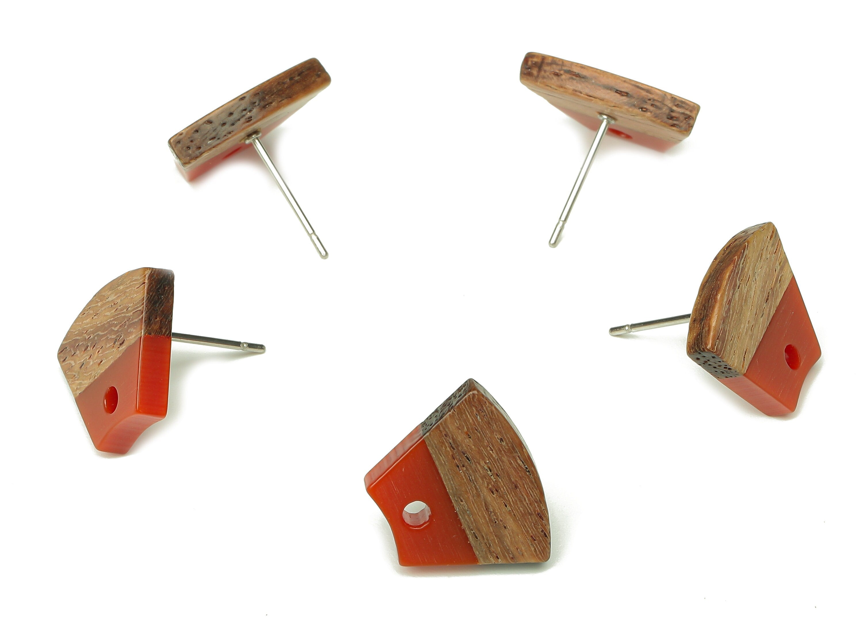 Natural Wooden Trapezoid Earring Stud - Walnut Wood Red Resin Fan Earring Post - 316 Stainless Steel Stud - 15.32x12.32x3.26mm - BB1252R - DOMEDBAZAAR
