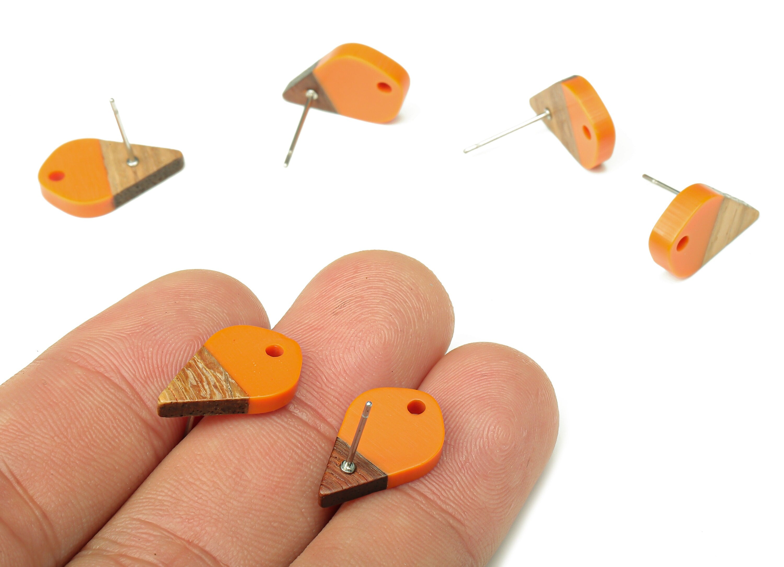 Natural Wooden Drop Earring Stud - Walnut Wood Orange Resin Teardrop Earring Post - 316 Stainless Steel Stud - 17.76x10.96x2.73mm - BB1253K - DOMEDBAZAAR