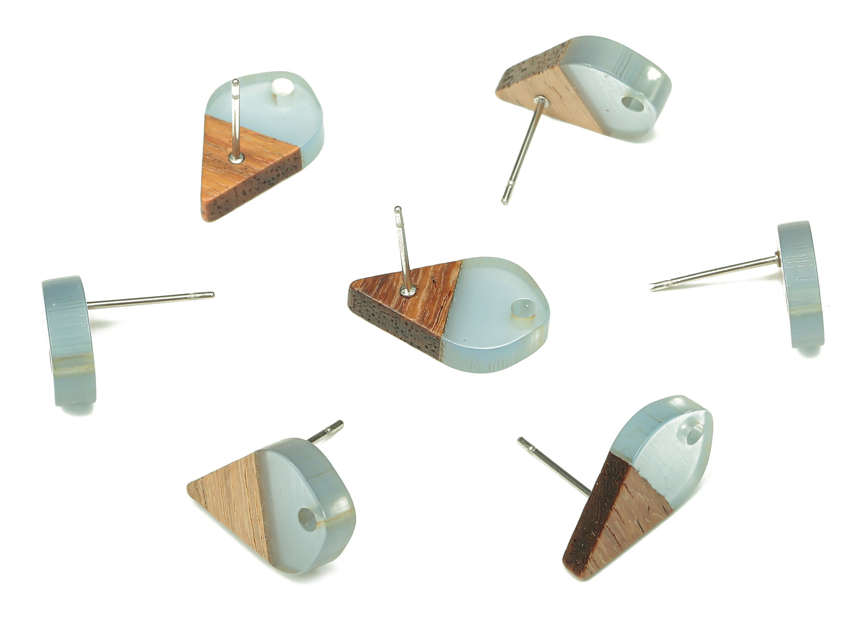 Natural Wooden Drop Earring Stud - Walnut Wood Light Blue Resin Teardrop Earring Post - 316 Stainless Steel Stud - 17.8x10.96x2.7mm -BB1253N - DOMEDBAZAAR