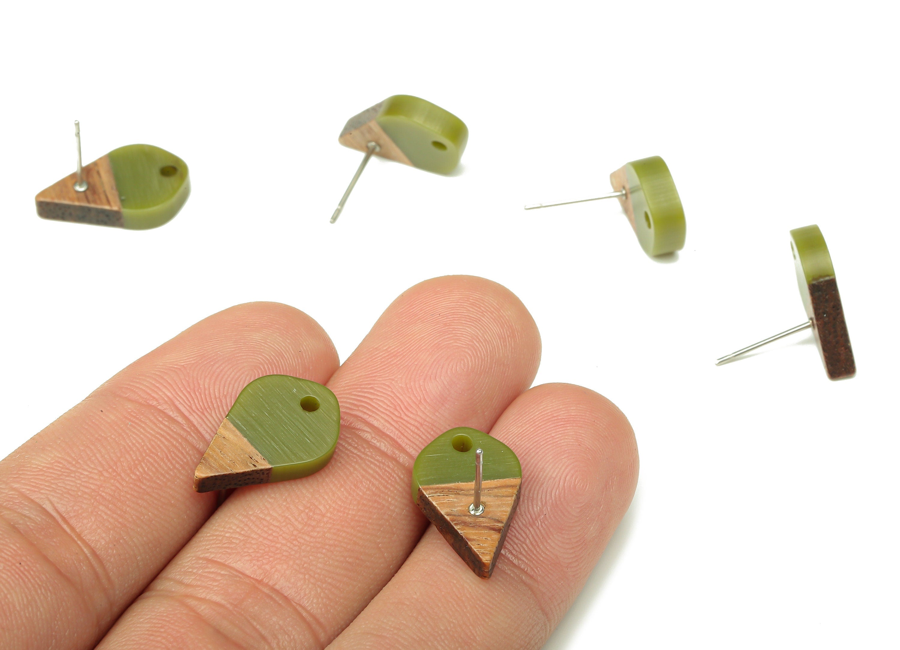 Natural Wooden Drop Earring Stud - Walnut Wood Green Resin Teardrop Earring Post - 316 Stainless Steel Stud - 17.76x10.96x2.73mm - BB1253S - DOMEDBAZAAR