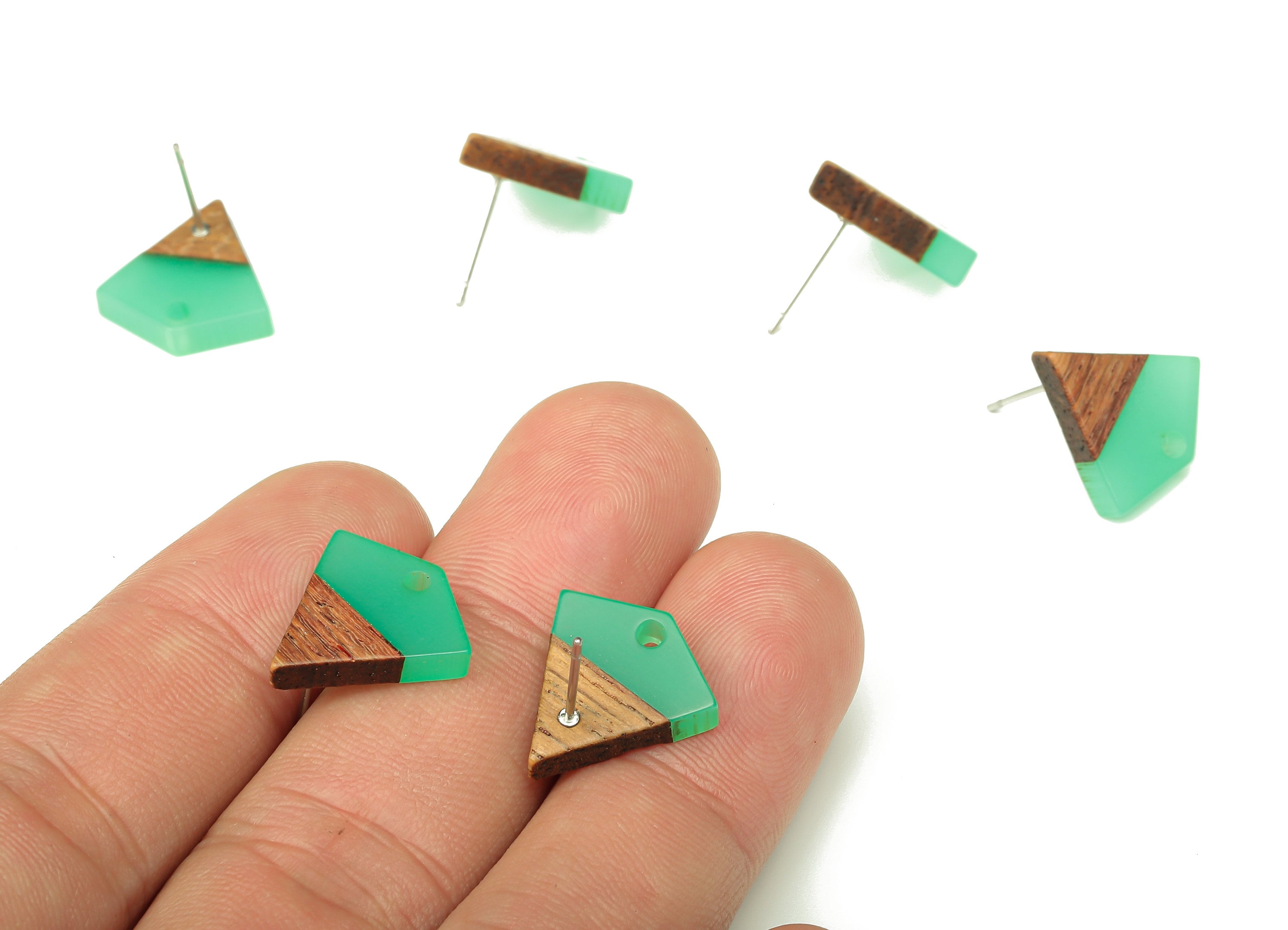 Natural Wooden Diamond Earring Stud - Walnut Wood Green Resin Rhombus Post - 316 Stainless Steel Stud - 16.35x15.23x3.28mm - BB1254A - DOMEDBAZAAR