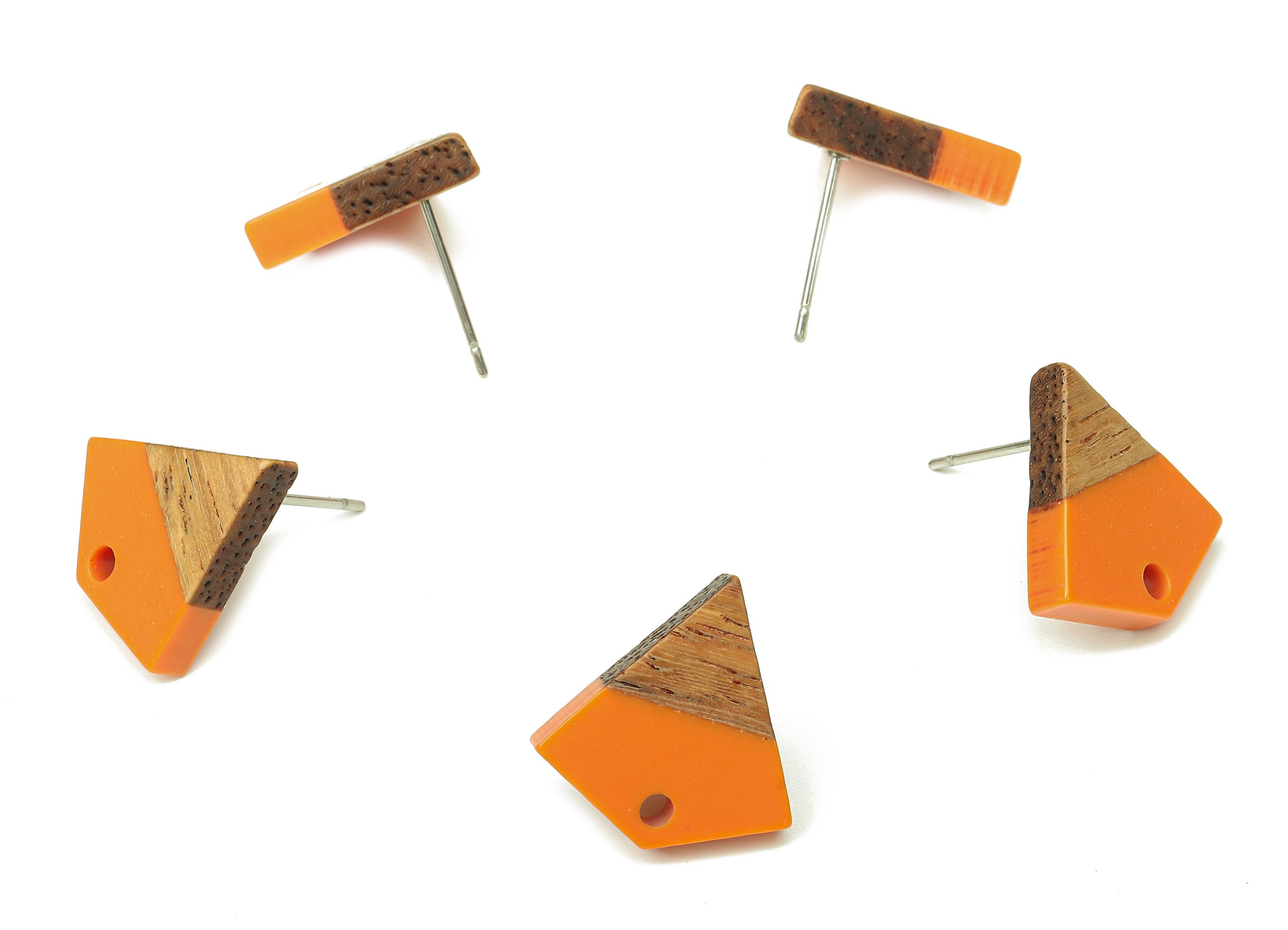 Natural Wooden Diamond Earring Stud - Walnut Wood Orange Resin Rhombus Post - 316 Stainless Steel Stud - 16.35x15.23x3.28mm - BB1254B - DOMEDBAZAAR