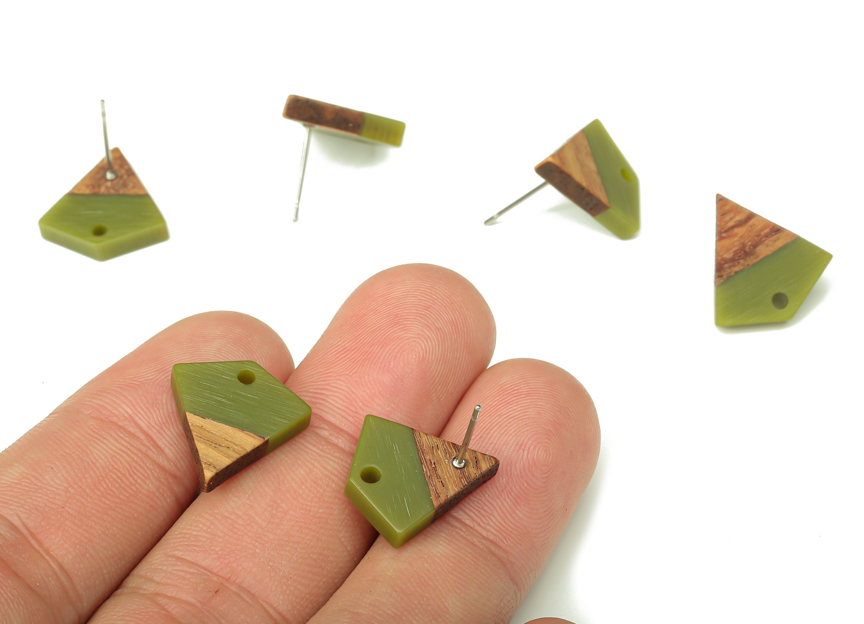 Natural Wooden Diamond Earring Stud - Walnut Wood Green Resin Rhombus Post - 316 Stainless Steel Stud - 16.35x15.23x3.28mm - BB1254C - DOMEDBAZAAR