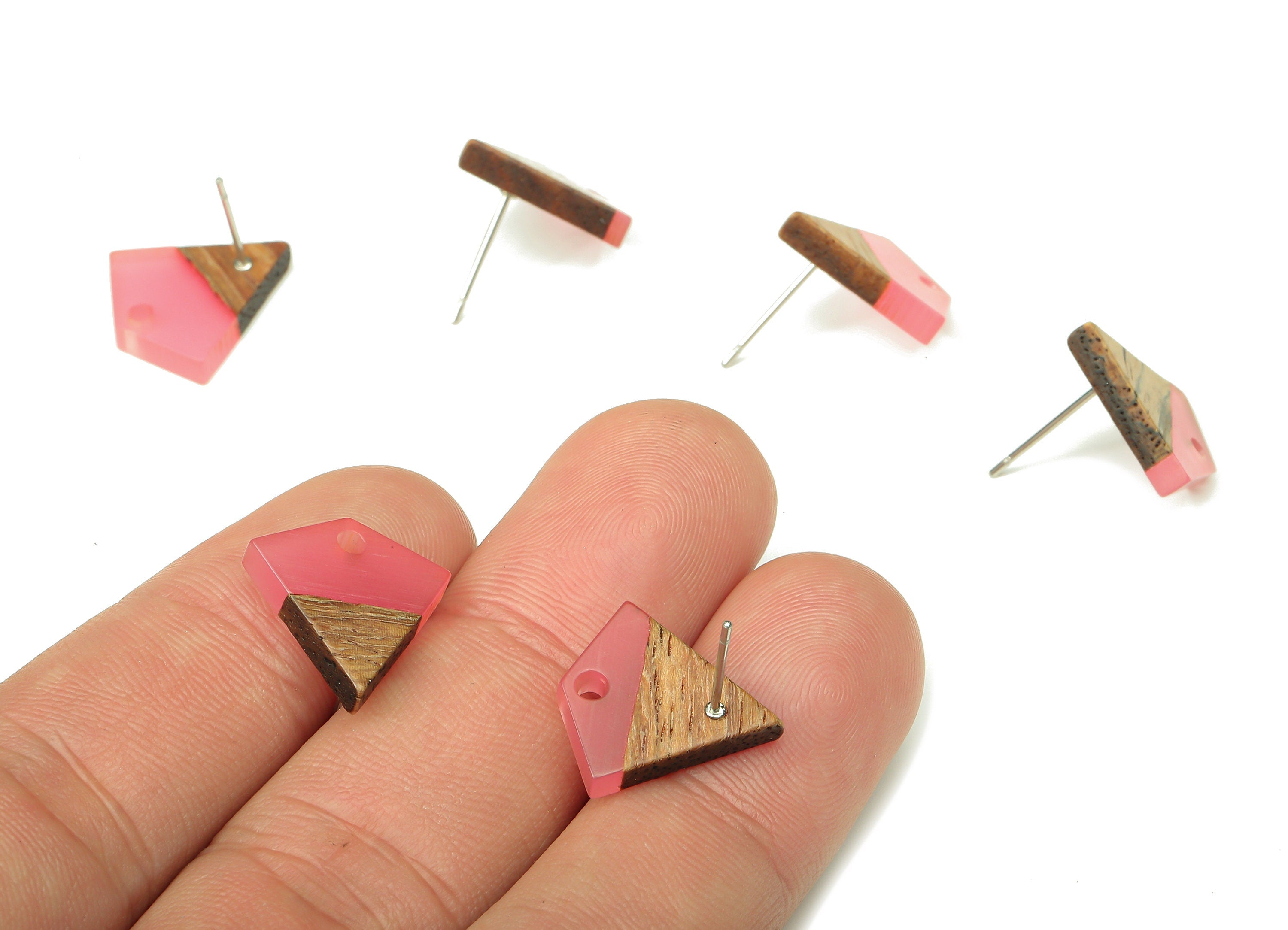 Natural Wooden Diamond Earring Stud - Walnut Wood Pink Resin Rhombus Post - 316 Stainless Steel Stud - 16.35x15.23x3.28mm - BB1254E - DOMEDBAZAAR