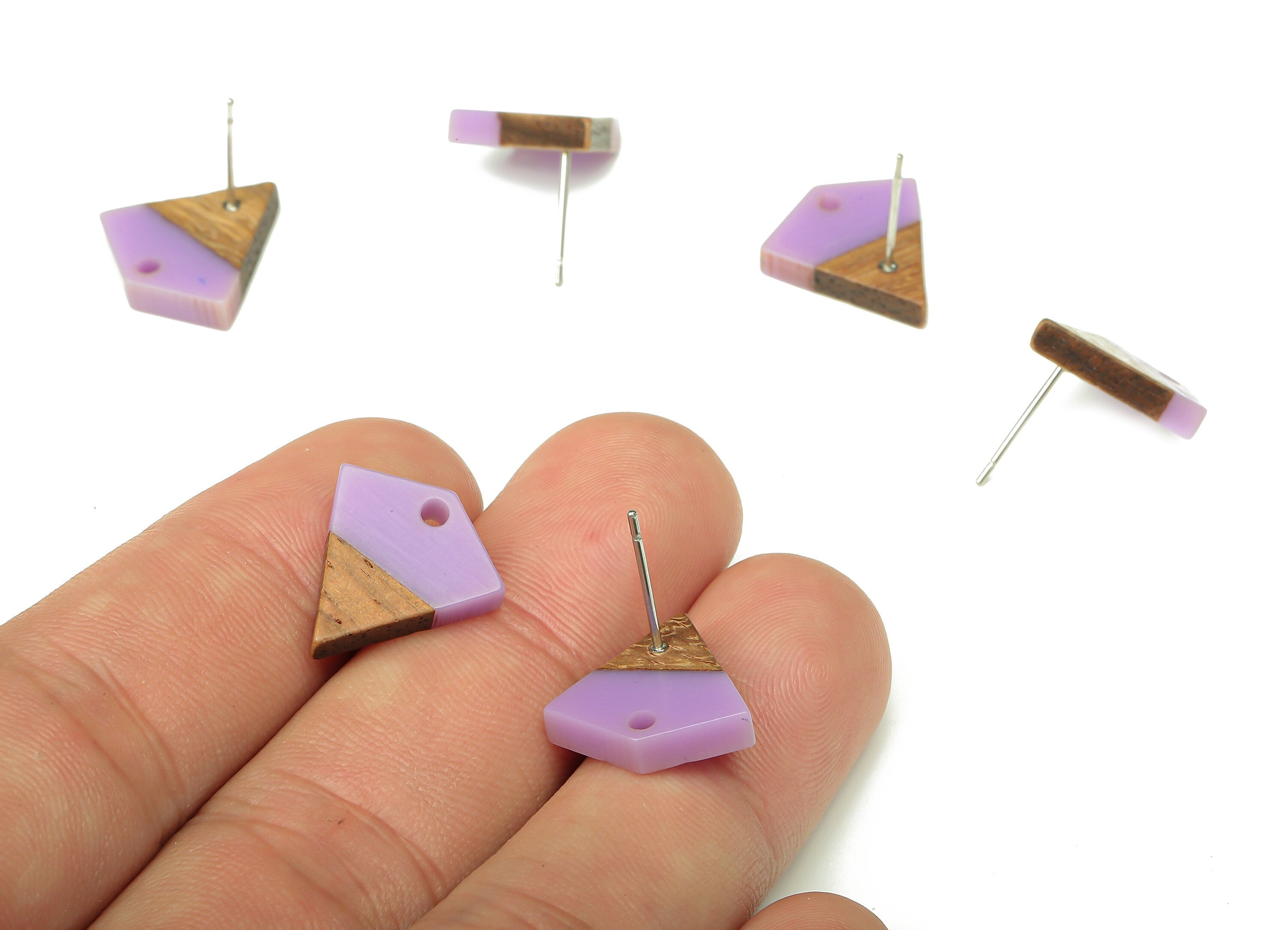 Natural Wooden Diamond Earring Stud - Walnut Wood Purple Resin Rhombus Post - 316 Stainless Steel Stud - 16.35x15.23x3.28mm - BB1254G - DOMEDBAZAAR