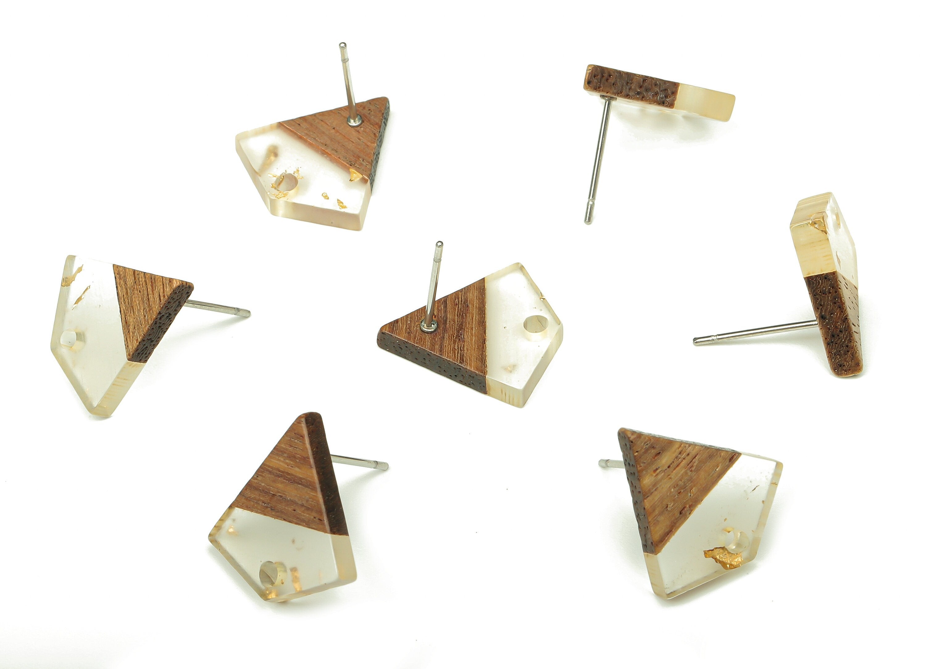 Natural Wooden Diamond Earring Stud - Walnut Wood Gold Foil Clear Resin Rhombus Post - 316 Stainless Steel Stud - 16.4x15.23x3.3mm - BB1254S - DOMEDBAZAAR