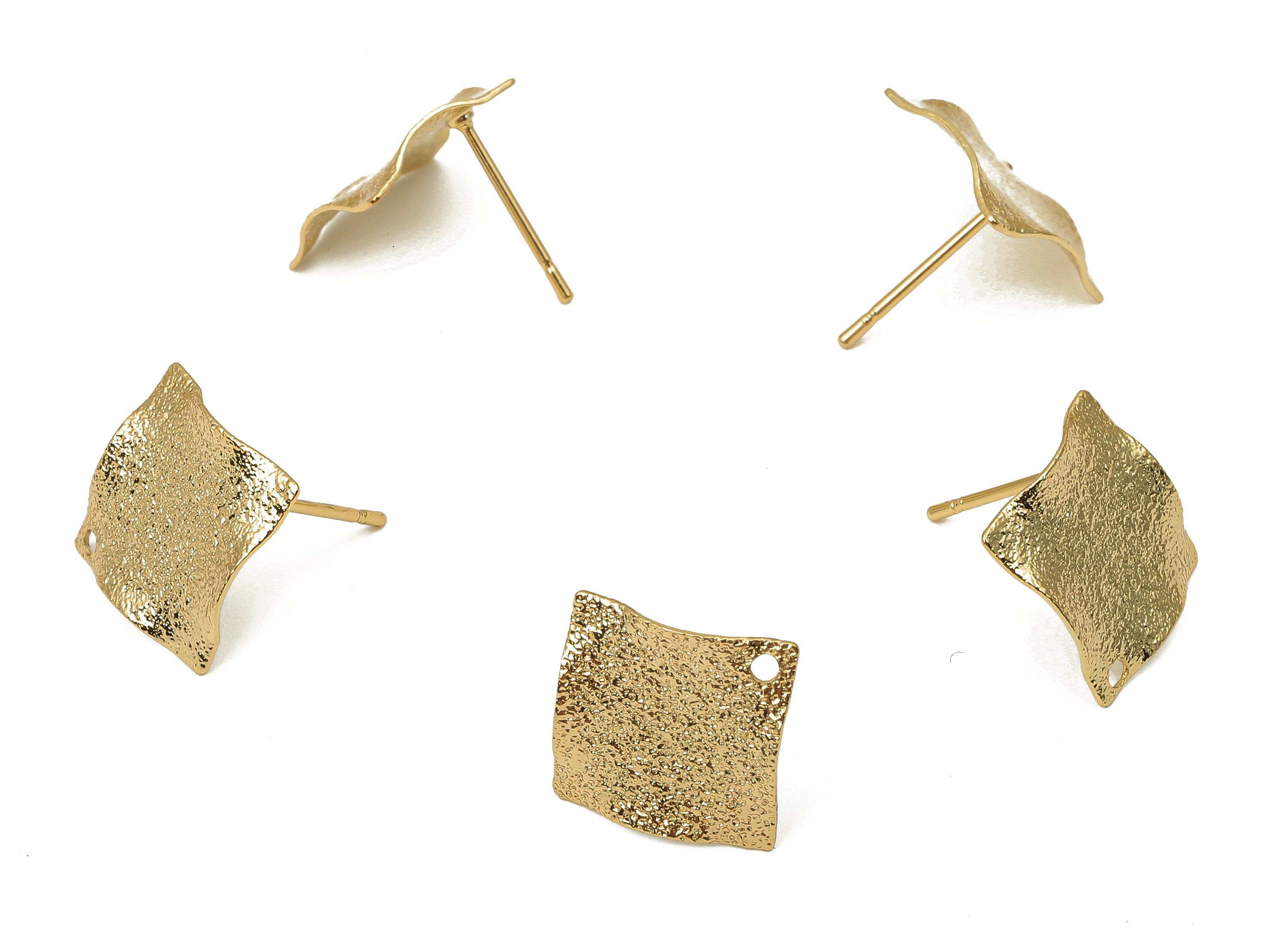 Brass Square Wavy Dots Earring Posts - Brass Spotted Wave Stud - Stainless Steel Stud - 18K Real Gold Plating - 12.56x12.56x0.88mm - RGP5174 - DOMEDBAZAAR