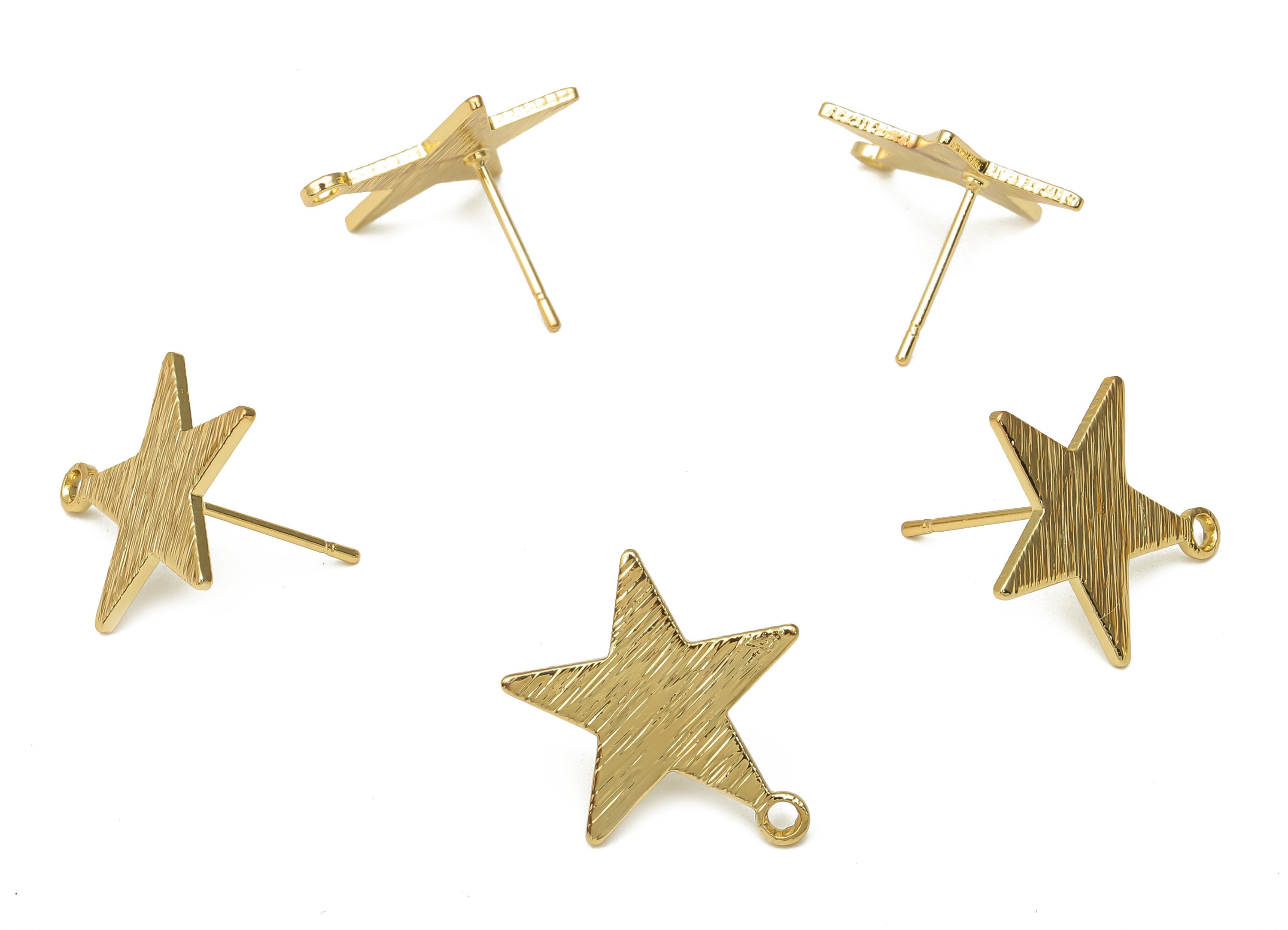 Brass Textured Star Earring Post - Brass Earring Stud With Loop - Stainless Steel Stud - 18K Real Gold Plating - 18.64x17.13x1.1mm - RGP5175 - DOMEDBAZAAR