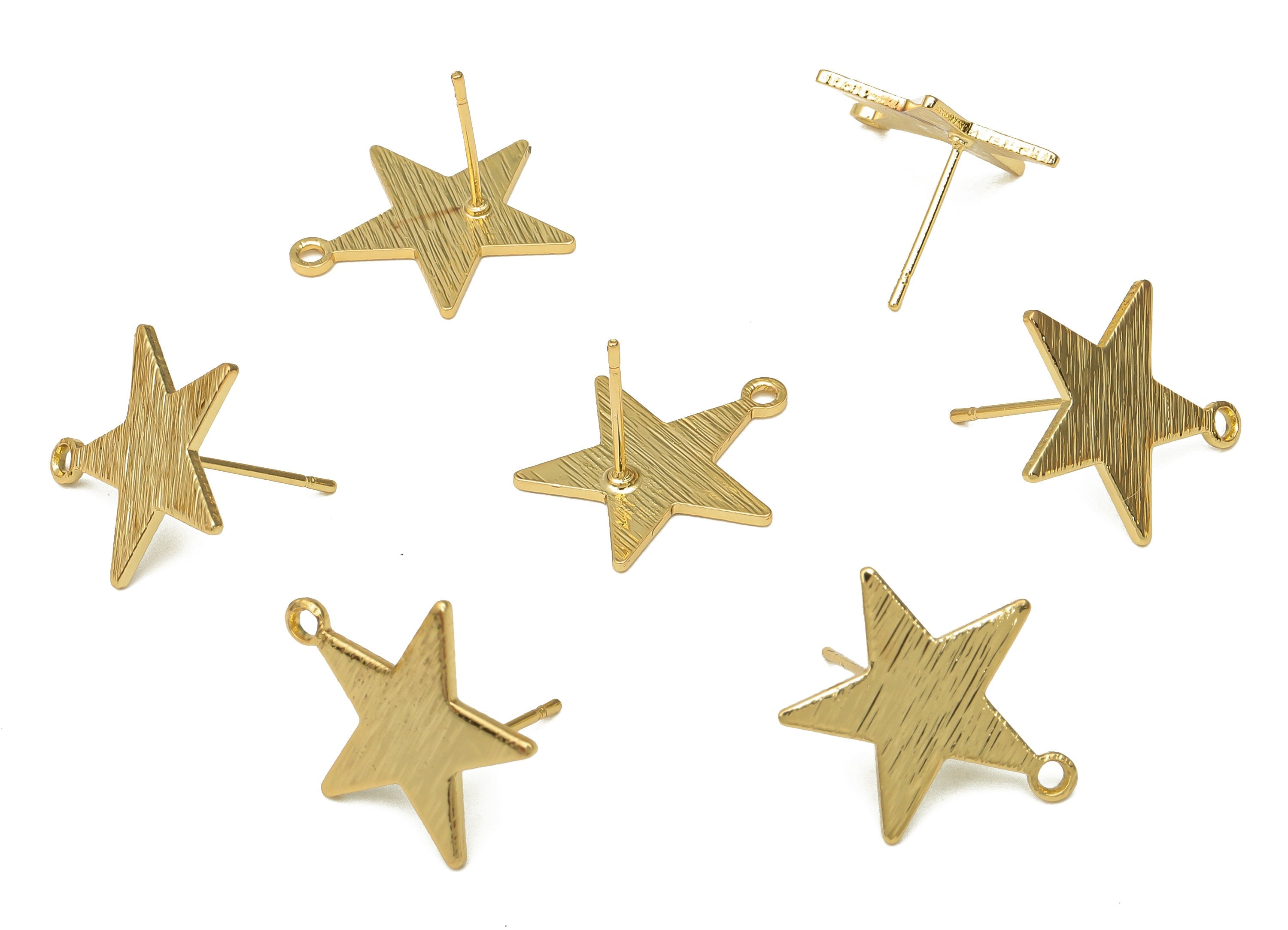 Brass Textured Star Earring Post - Brass Earring Stud With Loop - Stainless Steel Stud - 18K Real Gold Plating - 18.64x17.13x1.1mm - RGP5175 - DOMEDBAZAAR