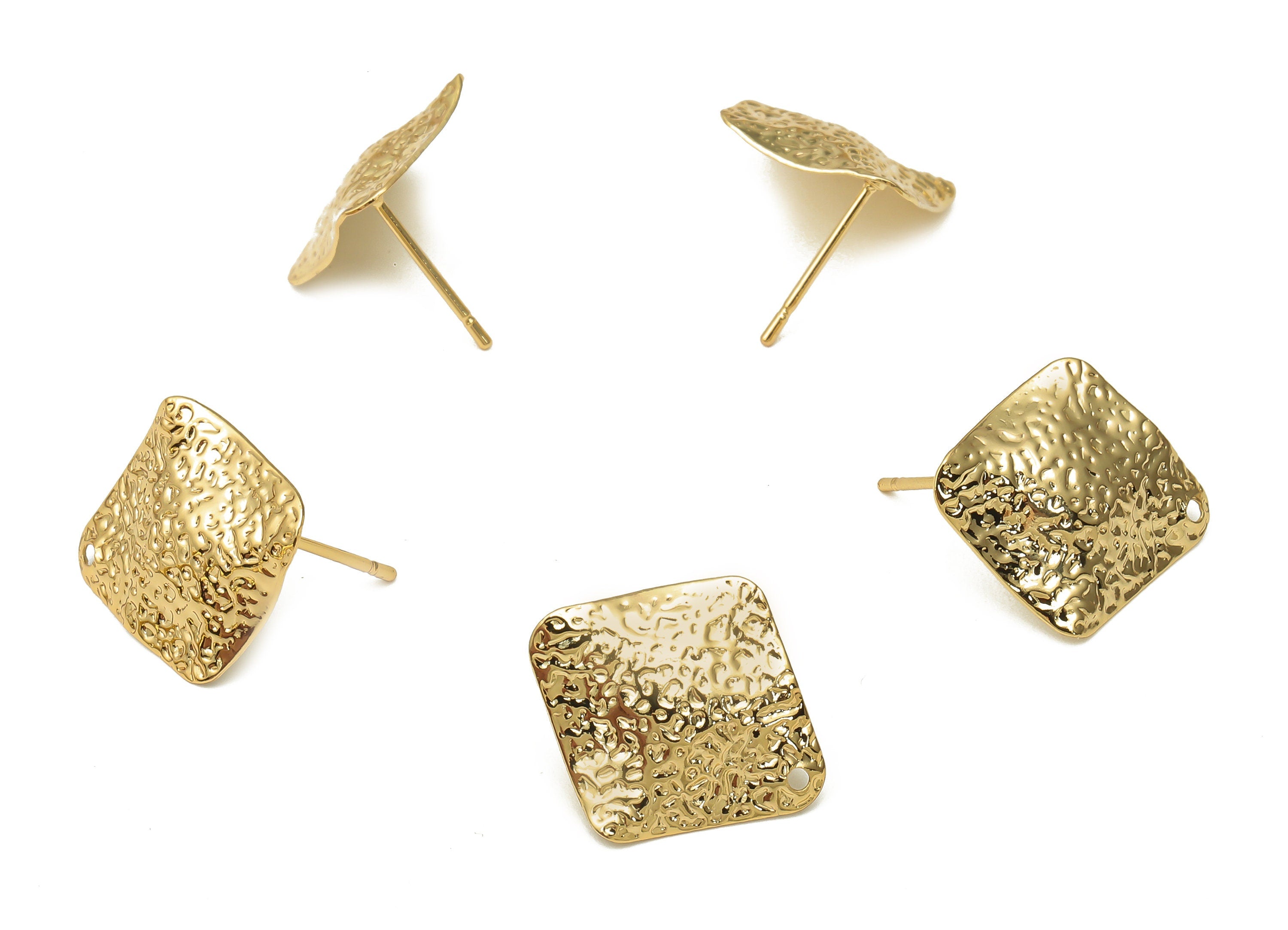 Brass Rhombus Spotted Earring Post - Dots Hammered Earring Stud - Stainless Steel Stud - 18K Real Gold Plating - 19.15x17.2x0.85mm - RGP5176 - DOMEDBAZAAR