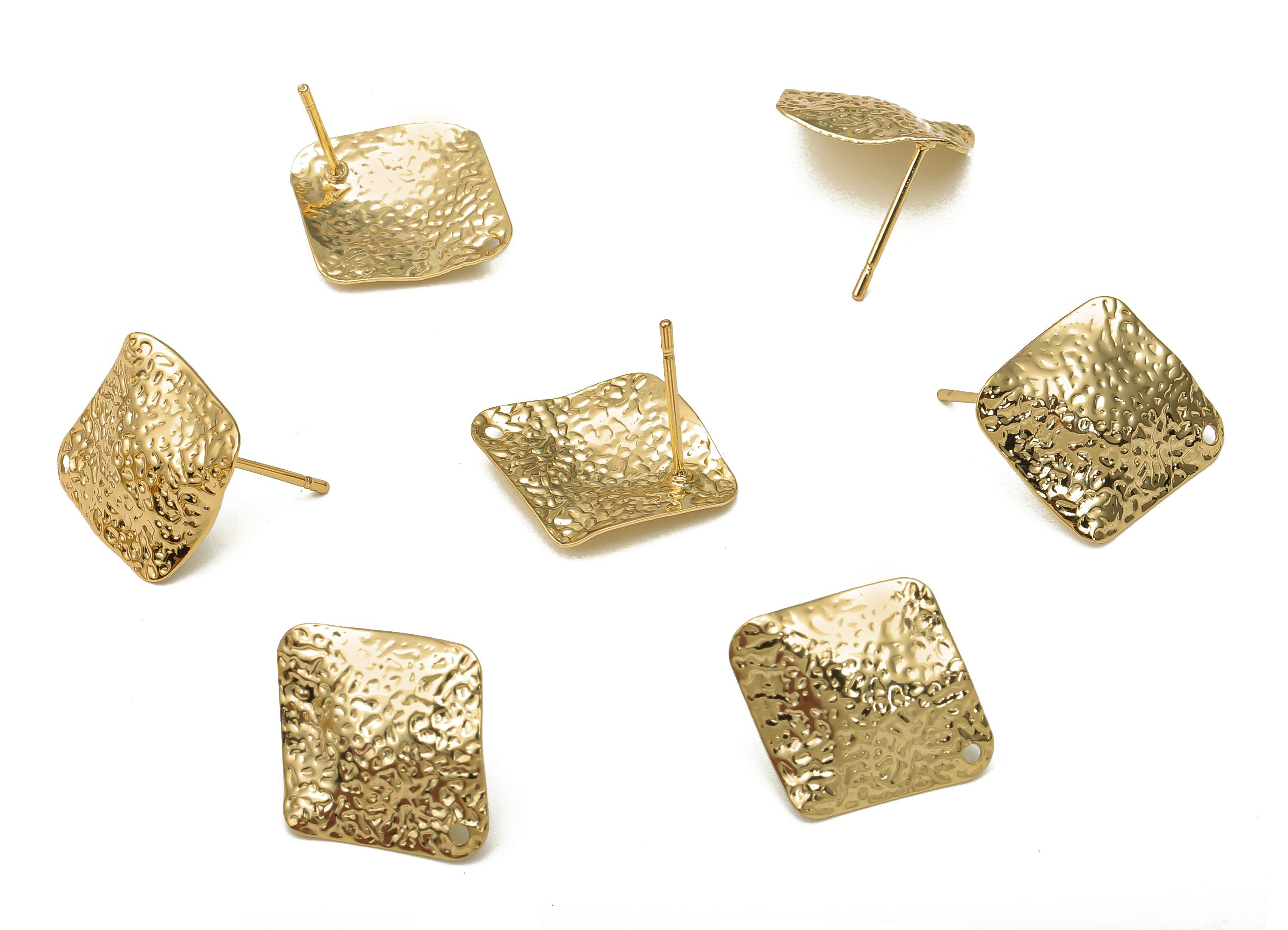 Brass Rhombus Spotted Earring Post - Dots Hammered Earring Stud - Stainless Steel Stud - 18K Real Gold Plating - 19.15x17.2x0.85mm - RGP5176 - DOMEDBAZAAR