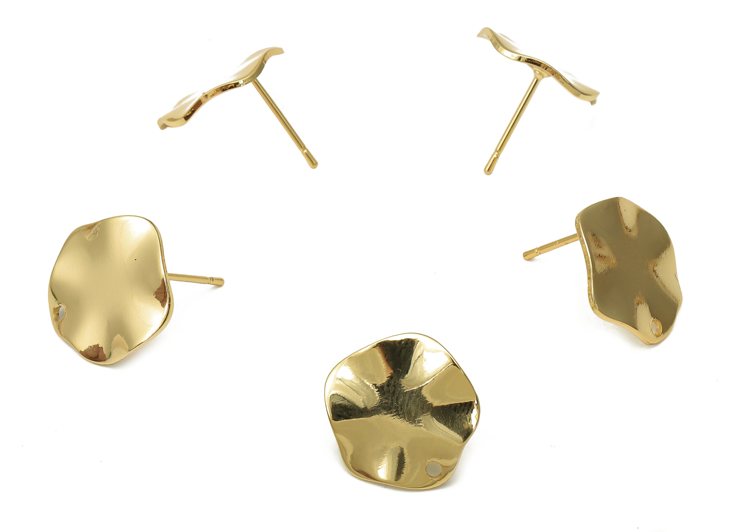 Brass Wave Round Earrings Stud - Gold Plated Brass Wavy Posts - Stainless Steel Stud - 18K Real Gold Plated - 15.48x15.48x1.08mm - RGP5182 - DOMEDBAZAAR