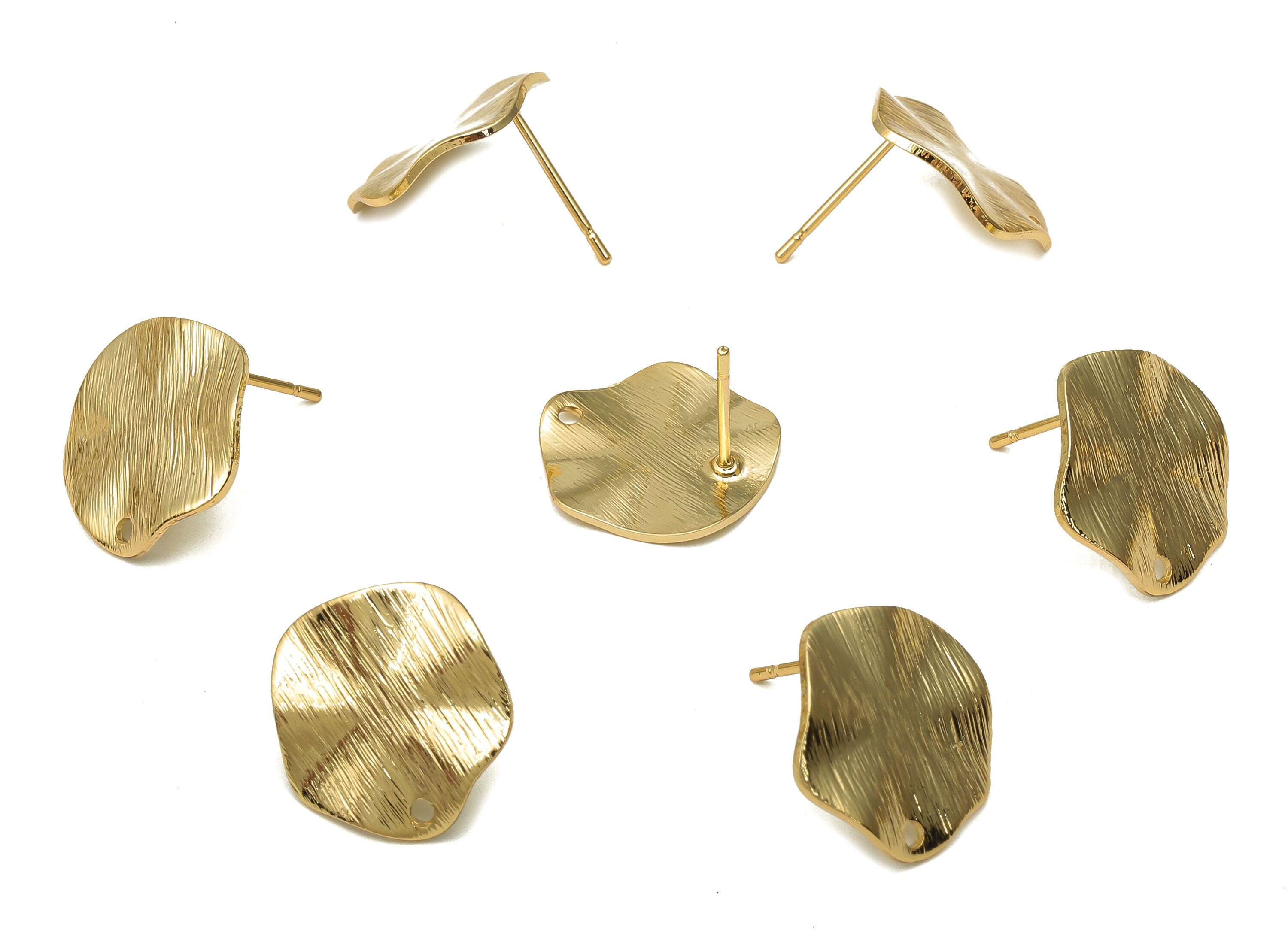 Brass Wave Round Earrings Stud - Gold Plated Brass Wavy Posts - Stainless Steel Stud - 18K Real Gold Plated - 15.63x15.63x0.87mm - RGP5184 - DOMEDBAZAAR