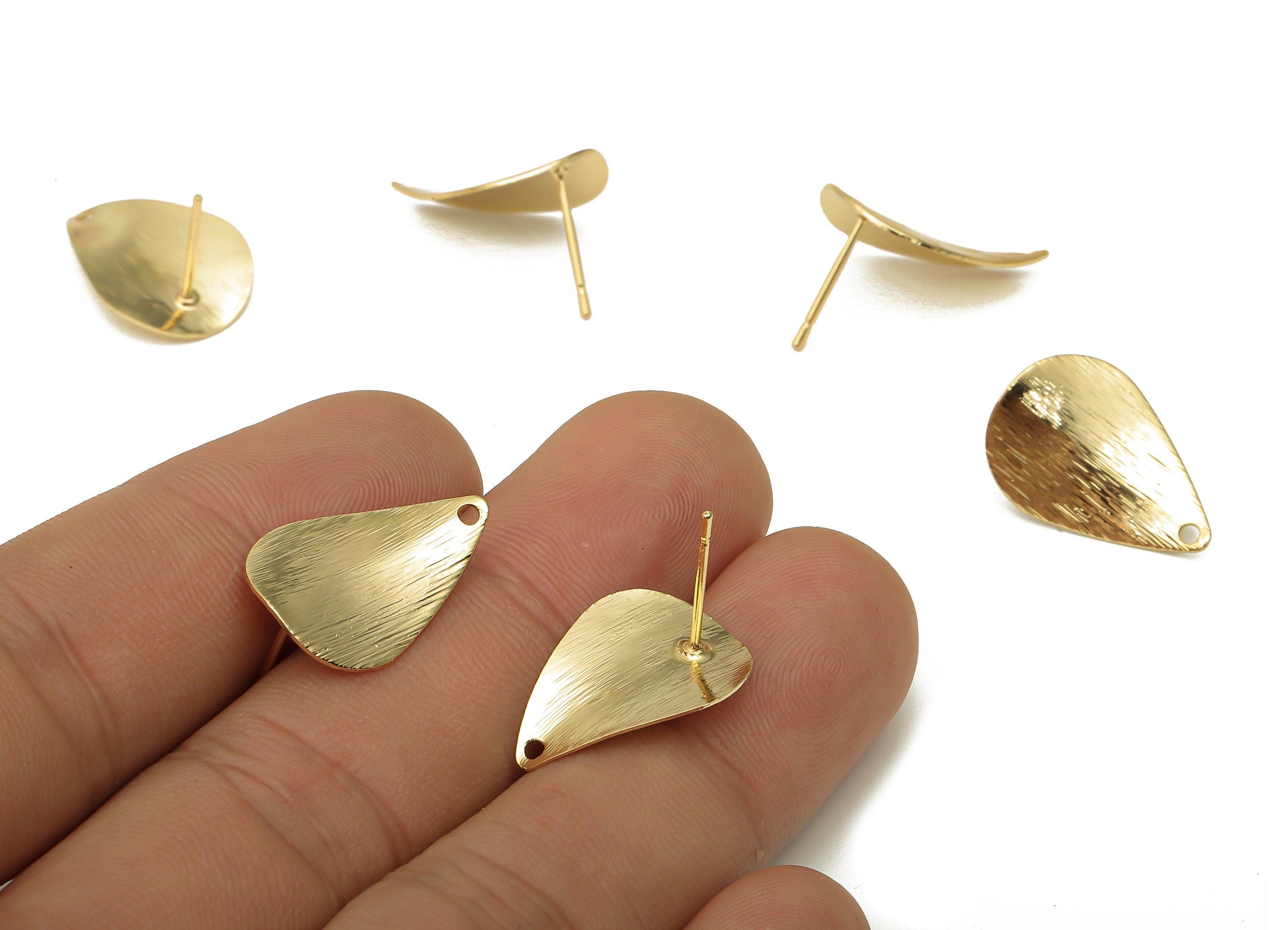 Brass Textured Drop Earring Posts - Brass Teardrop Earring Stud - Stainless Steel Stud - 18K Real Gold Plating - 19.48x13.3x0.42mm - RGP5186 - DOMEDBAZAAR