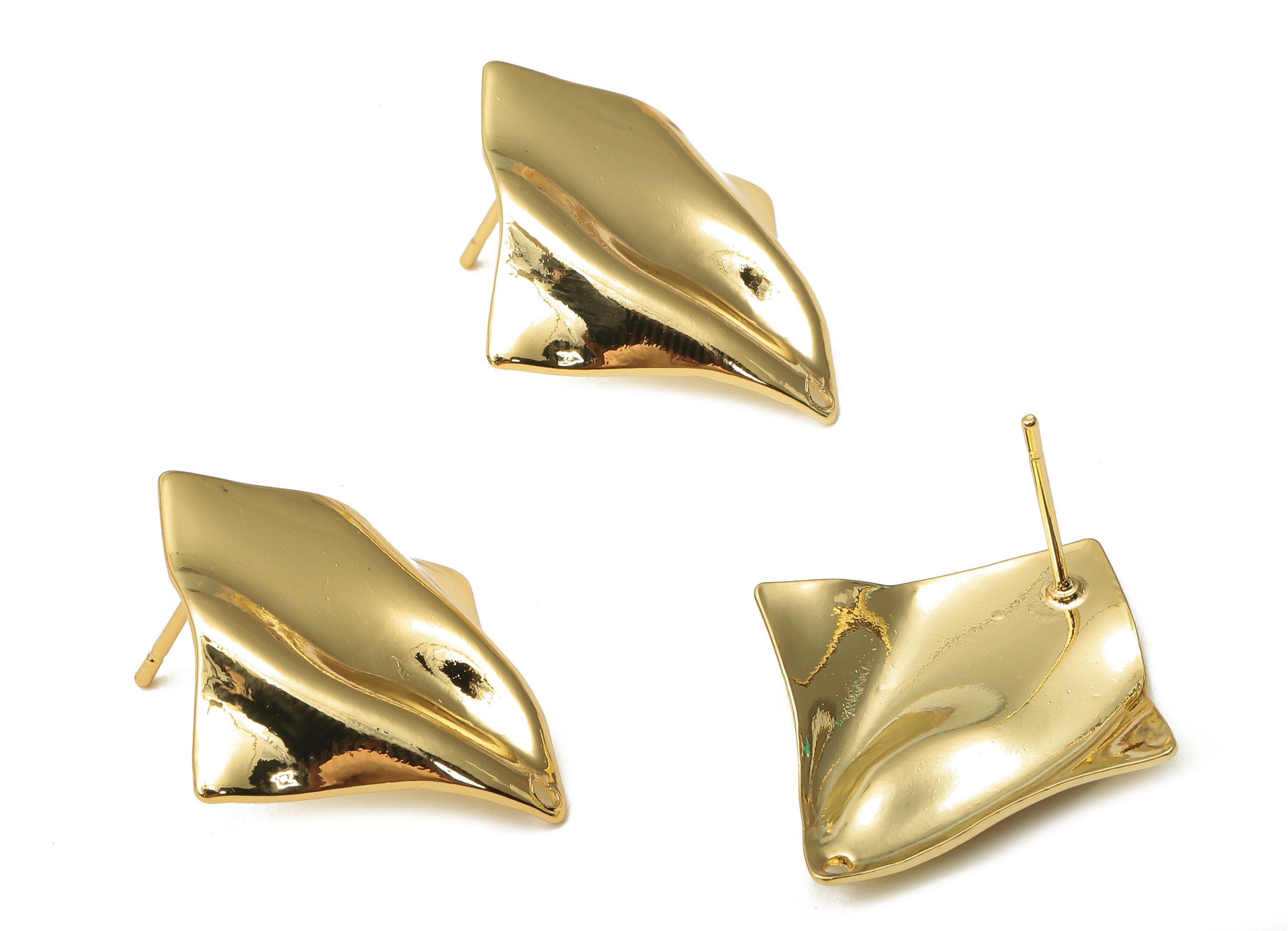 Brass Square Wave Earring Posts - Brass Square Wavy Stud - Stainless Steel Stud - 18K Real Gold Plated Brass - 27.85x25.16x0.66mm - RGP5193 - DOMEDBAZAAR