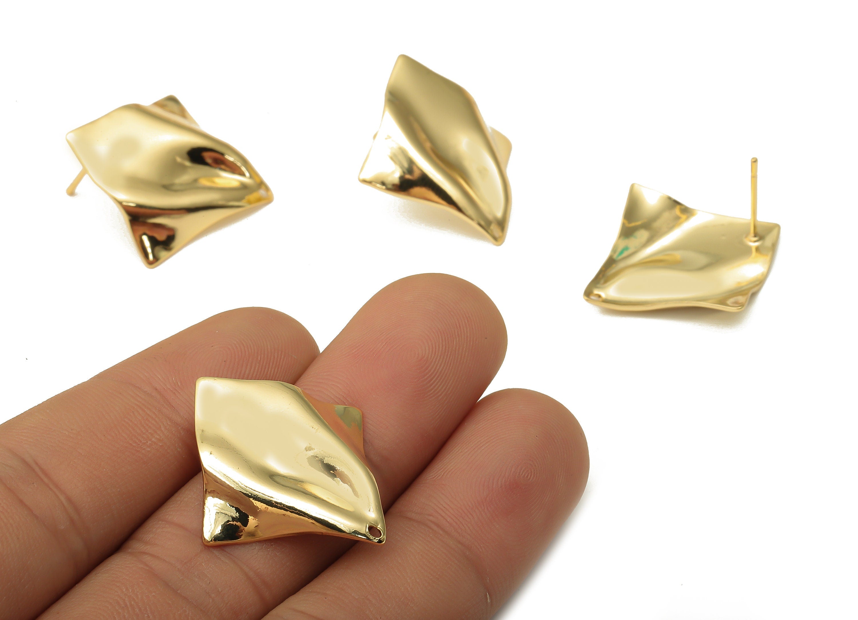 Brass Square Wave Earring Posts - Brass Square Wavy Stud - Stainless Steel Stud - 18K Real Gold Plated Brass - 27.85x25.16x0.66mm - RGP5193 - DOMEDBAZAAR