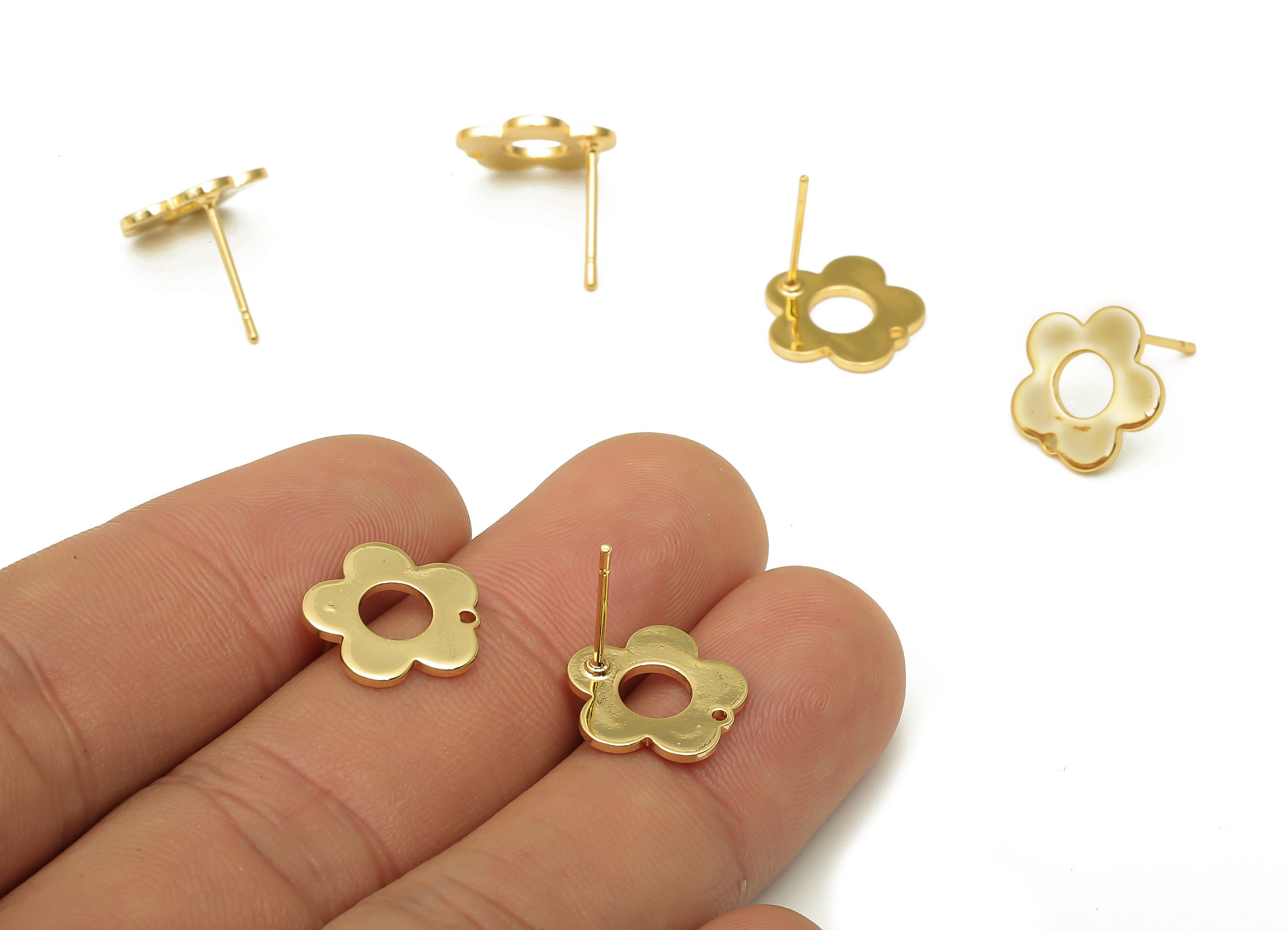 Brass Flower Earring Posts - Brass Flower Earring Stud - Stainless Steel Stud - 18K Real Gold Plating - 13.18x13.18x1.02mm - RGP5194 - DOMEDBAZAAR