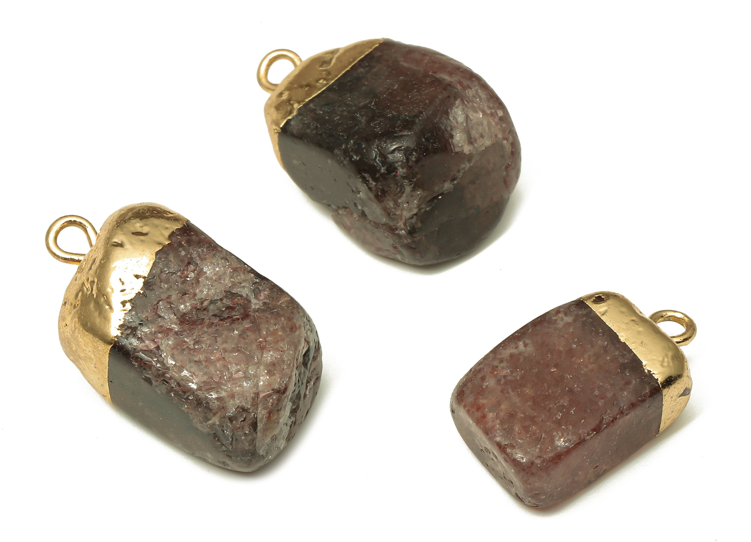 Natural Stone Earrings - Brass Faceted Earring Charms - Strawberry Crystal Pendant - Gold Tone Plating - 17.2x14.8x7.15mm - NS1865D - DOMEDBAZAAR