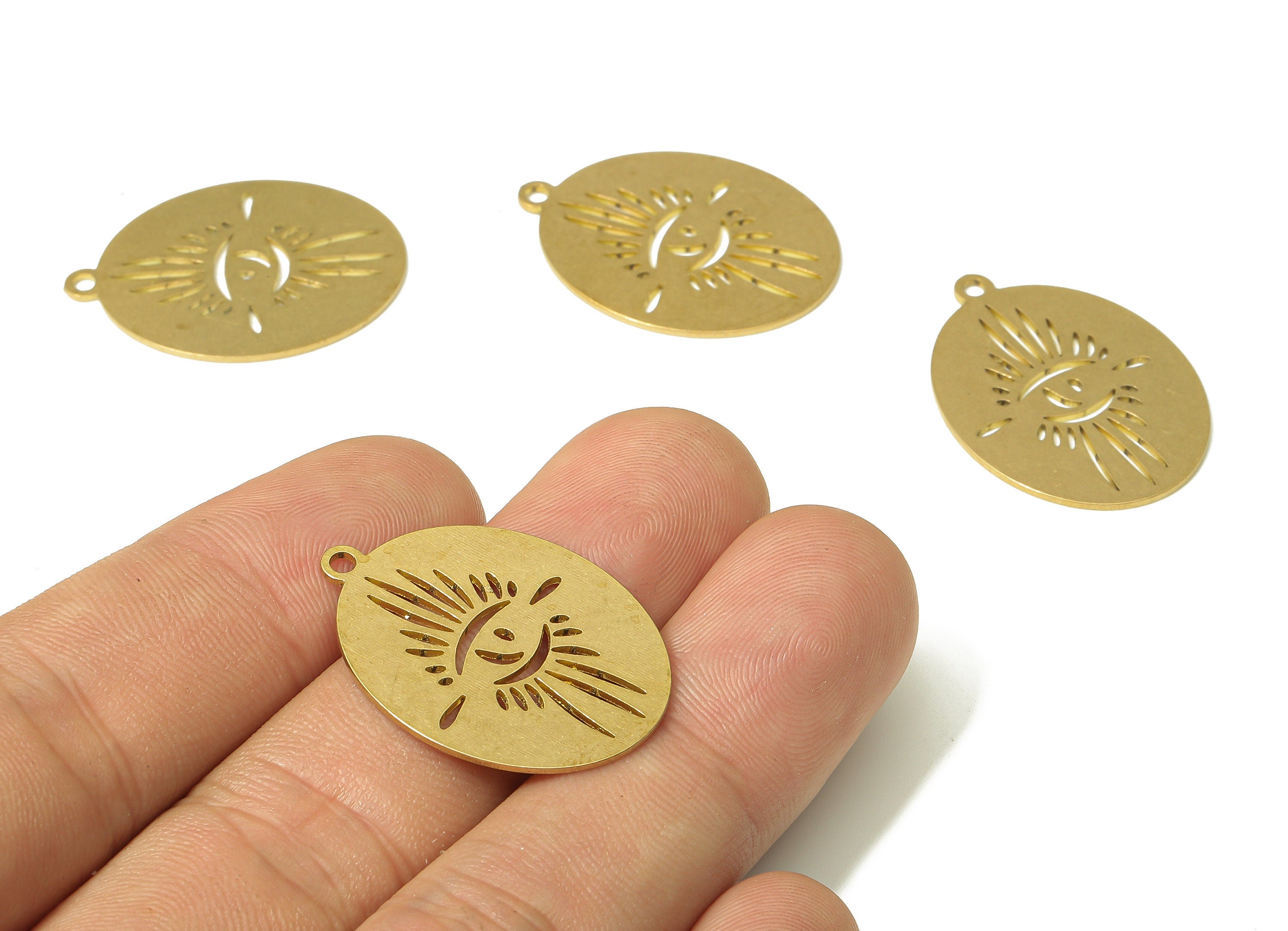 Brass Oval Eye Earring Charm - Raw Brass Eyelash Cutout Pendant With Loop - Sun Eye - Jewelry Making Supplies - 28.97x21x0.68mm - PPA4857 - DOMEDBAZAAR